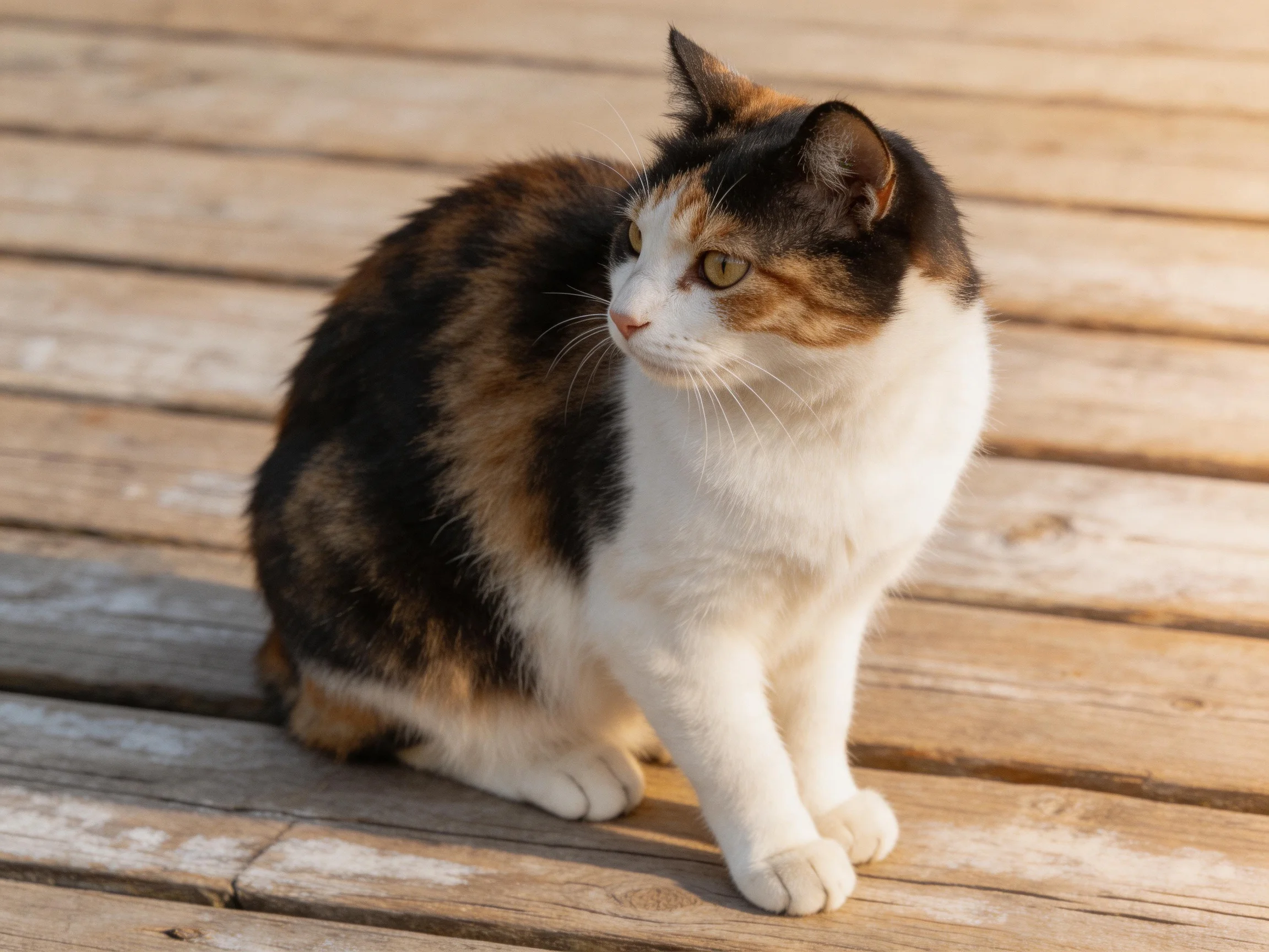 A calico cat with multicolored fur sits on aged wooden planks under sunlight.