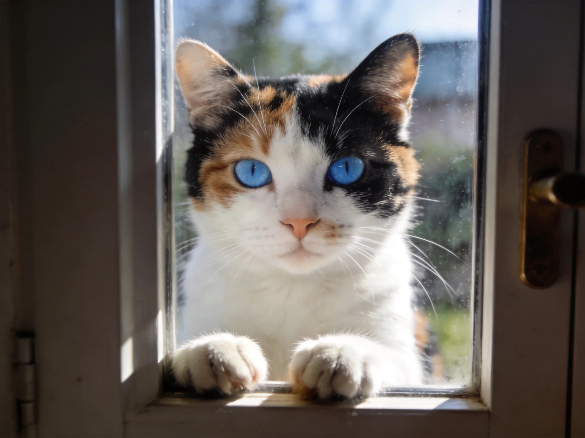 A calico cat with blue eyes peers through a window