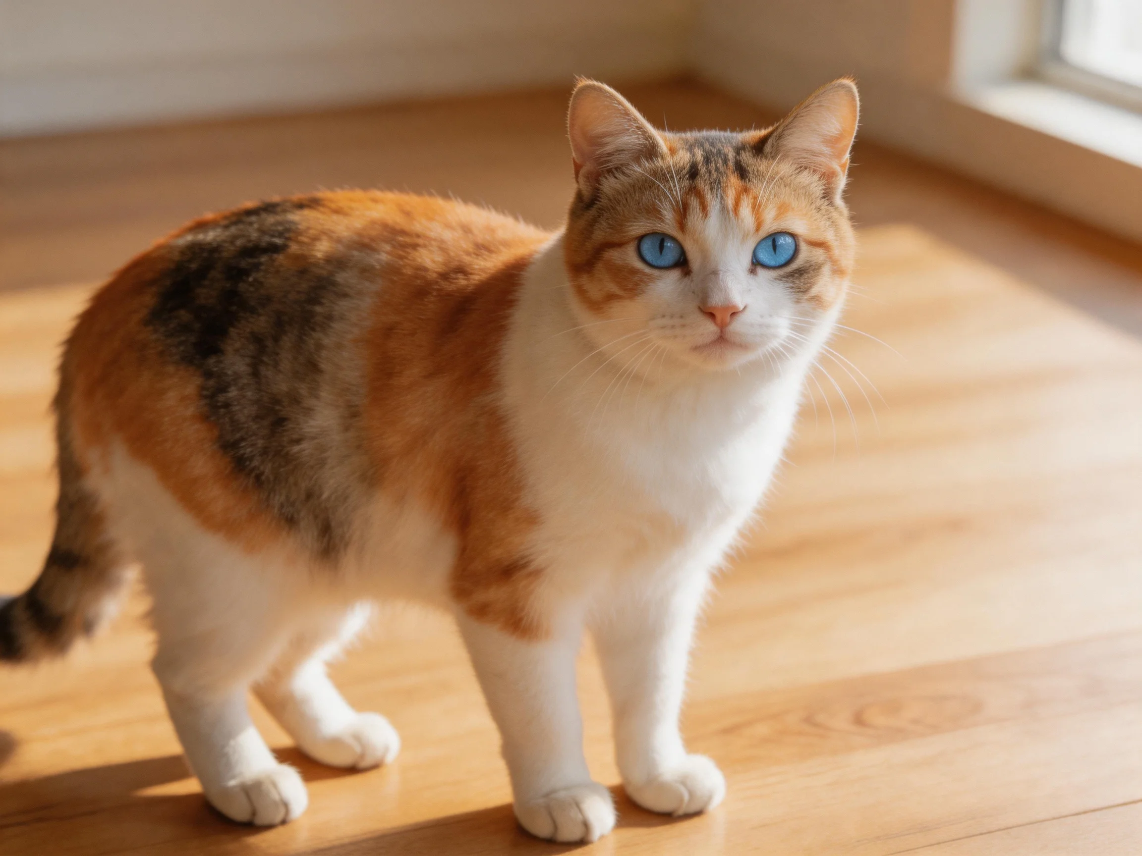A calico cat with blue eyes stands on a sunlit wooden floor.