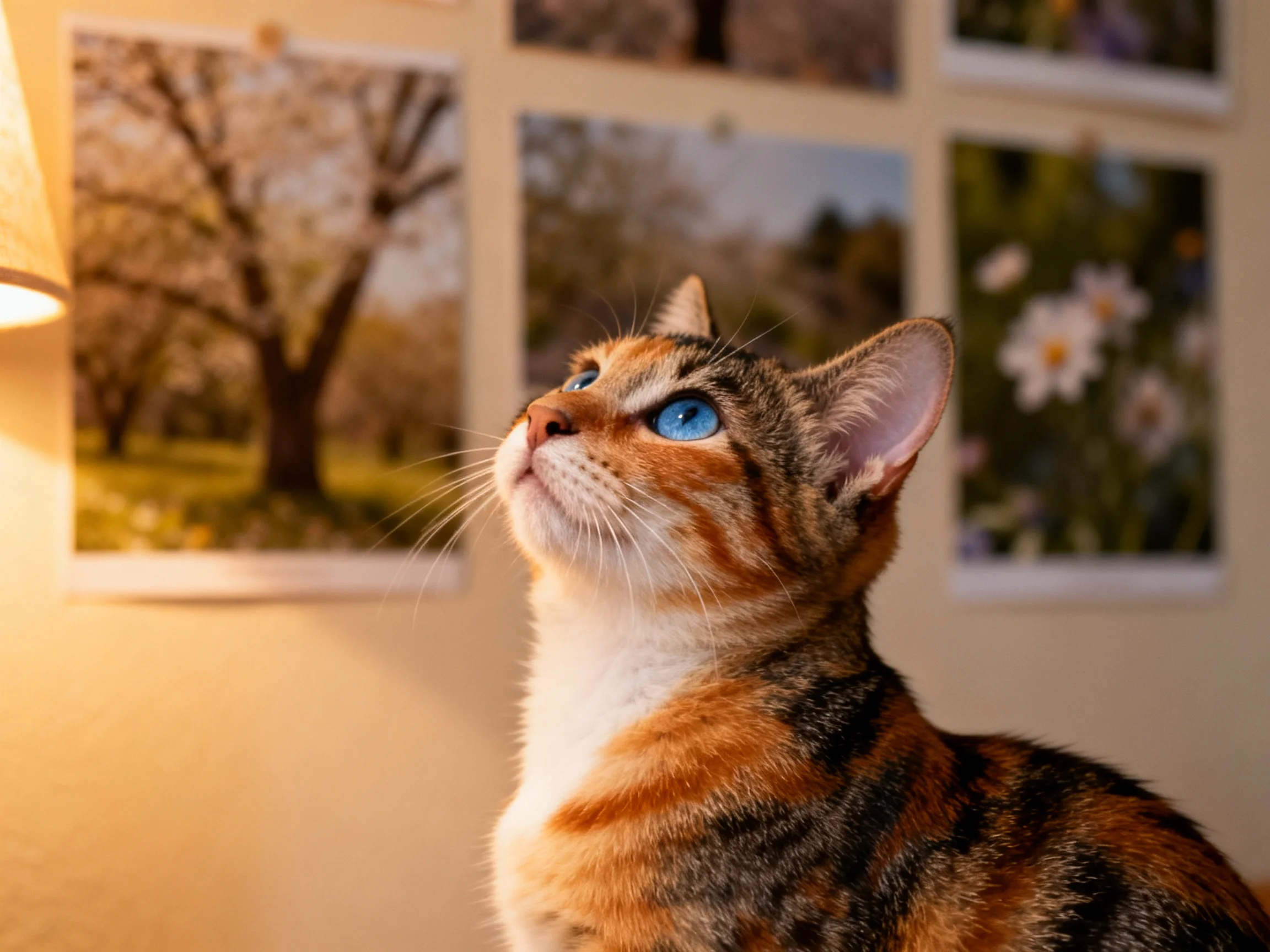 A calico cat with bright blue eyes gazes upward beside nature photographs