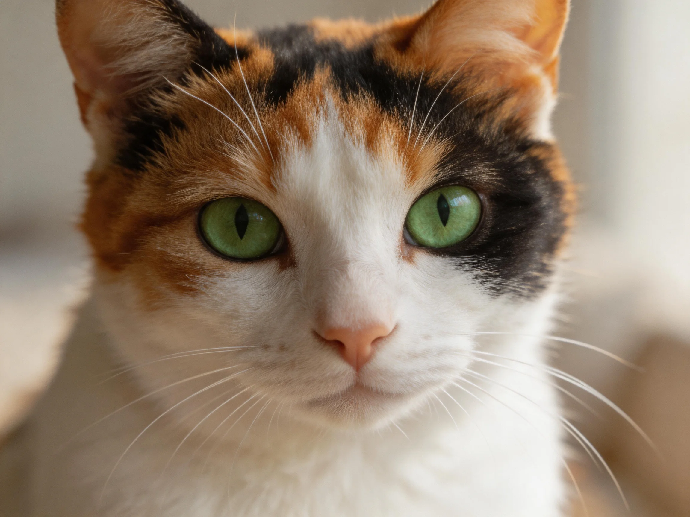 A close - up view of a calico cat featuring green eyes.