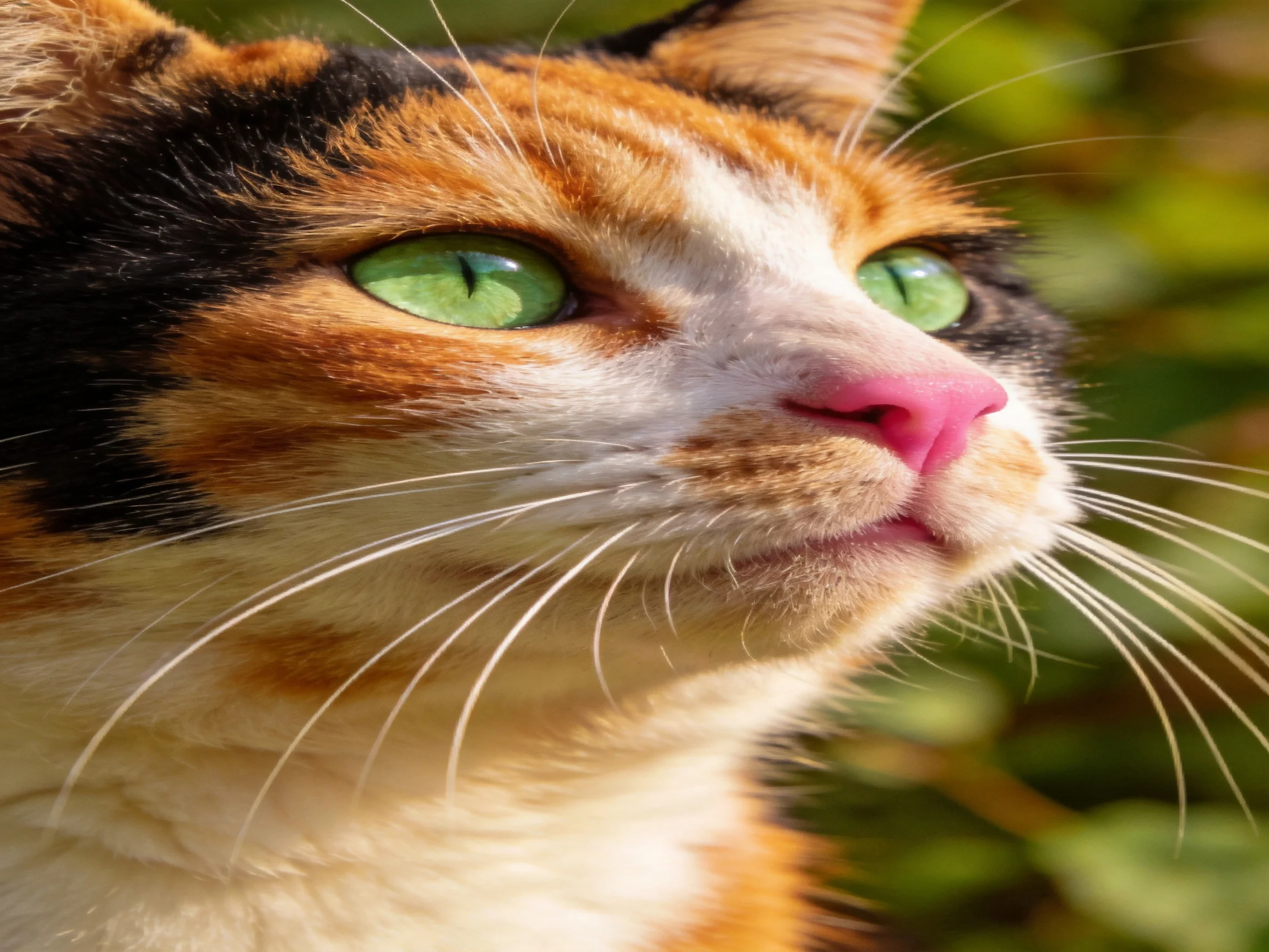 A close - up of a calico cat with green eyes and pink nose in a sunlit outdoor setting.
