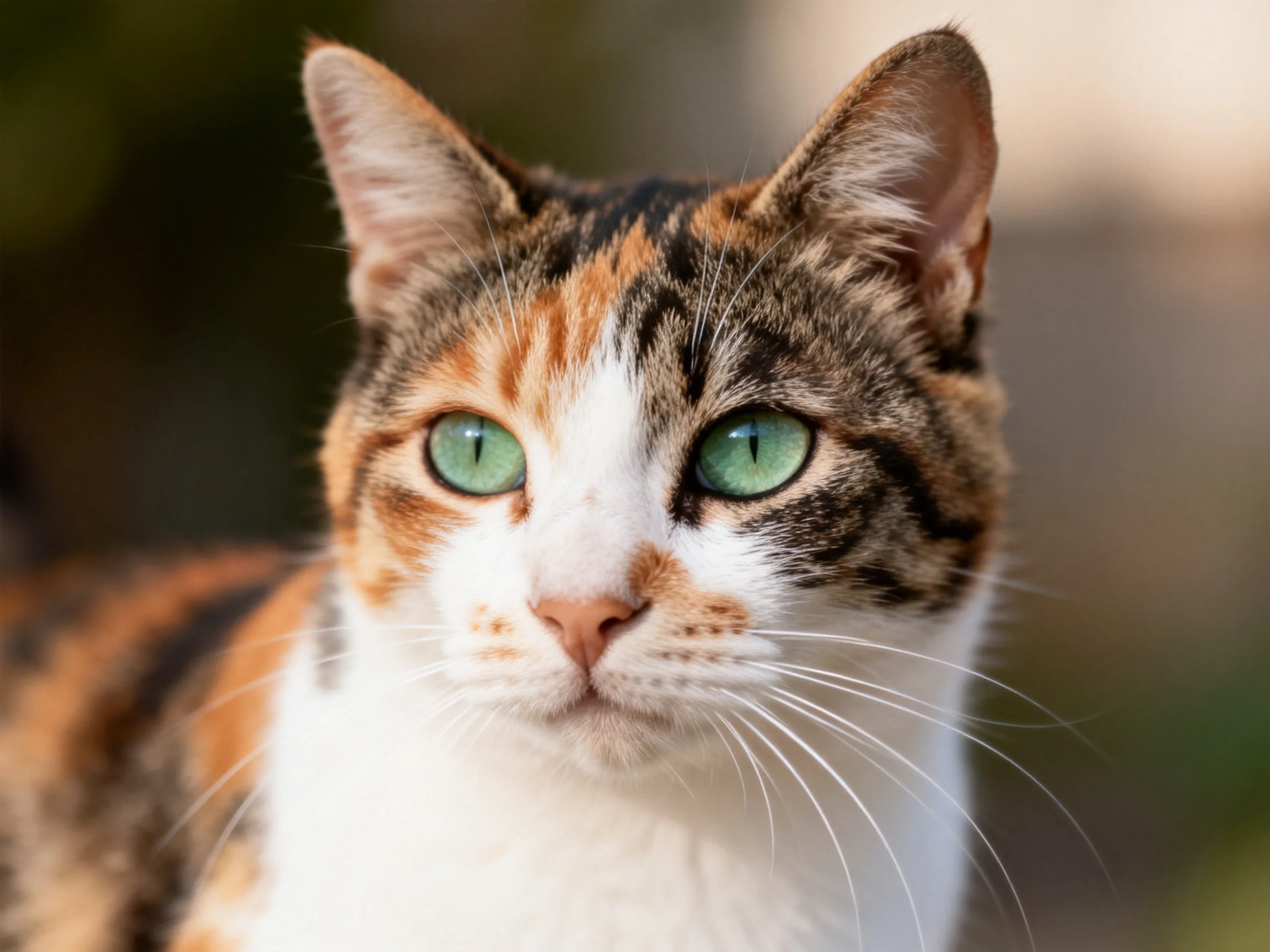 A calico cat with green eyes rests peacefully amid soft outdoor lighting.