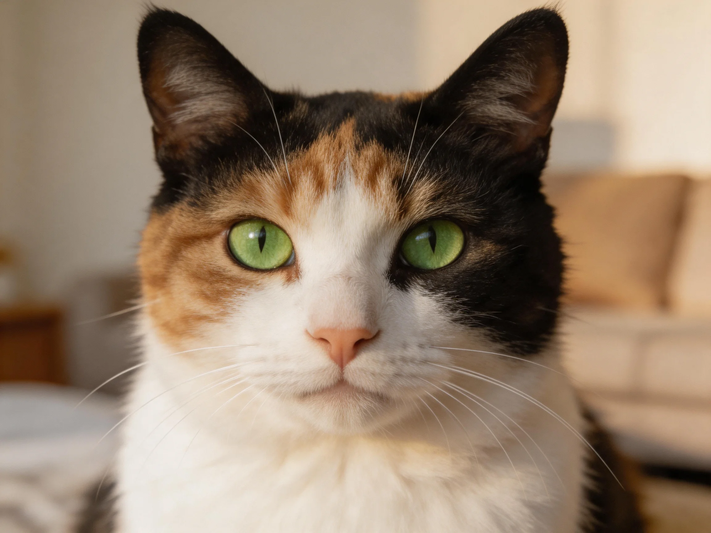 A calico cat with green eyes is captured up close in a home environment.