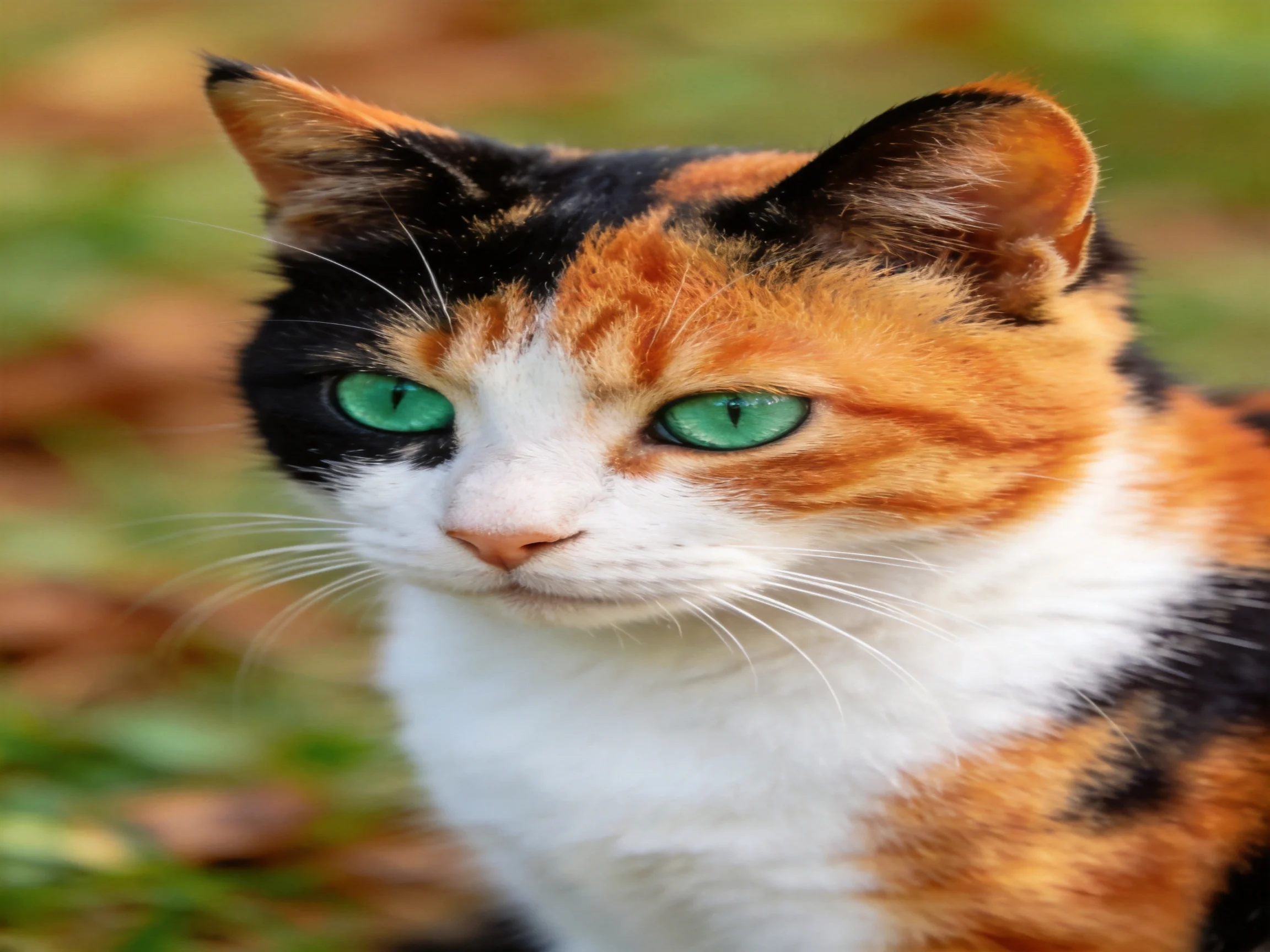 A calico cat with green eyes is photographed outdoors with a blurred natural background.