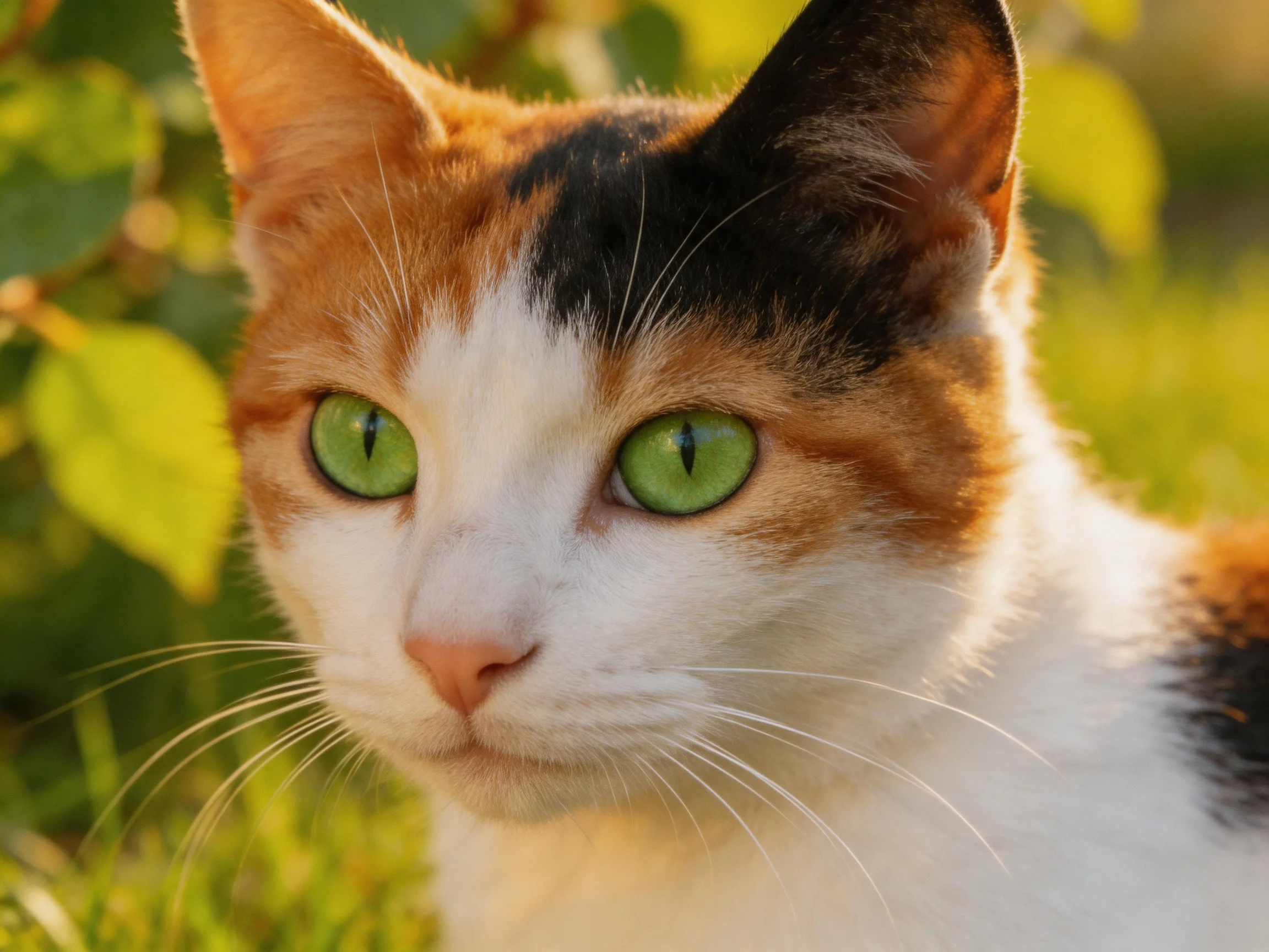 A calico cat with green eyes is near greenery in sunlight
