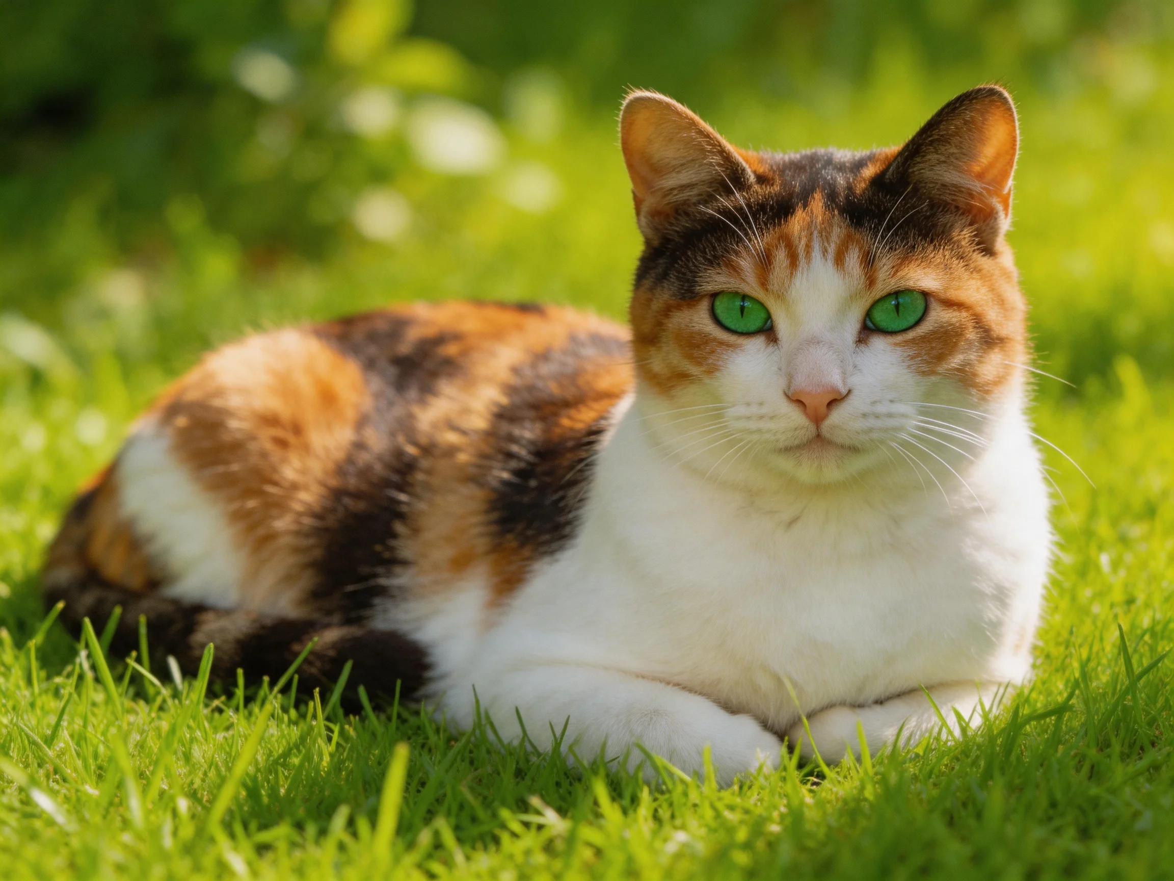 A calico cat with green eyes relaxes on a patch of green grass.