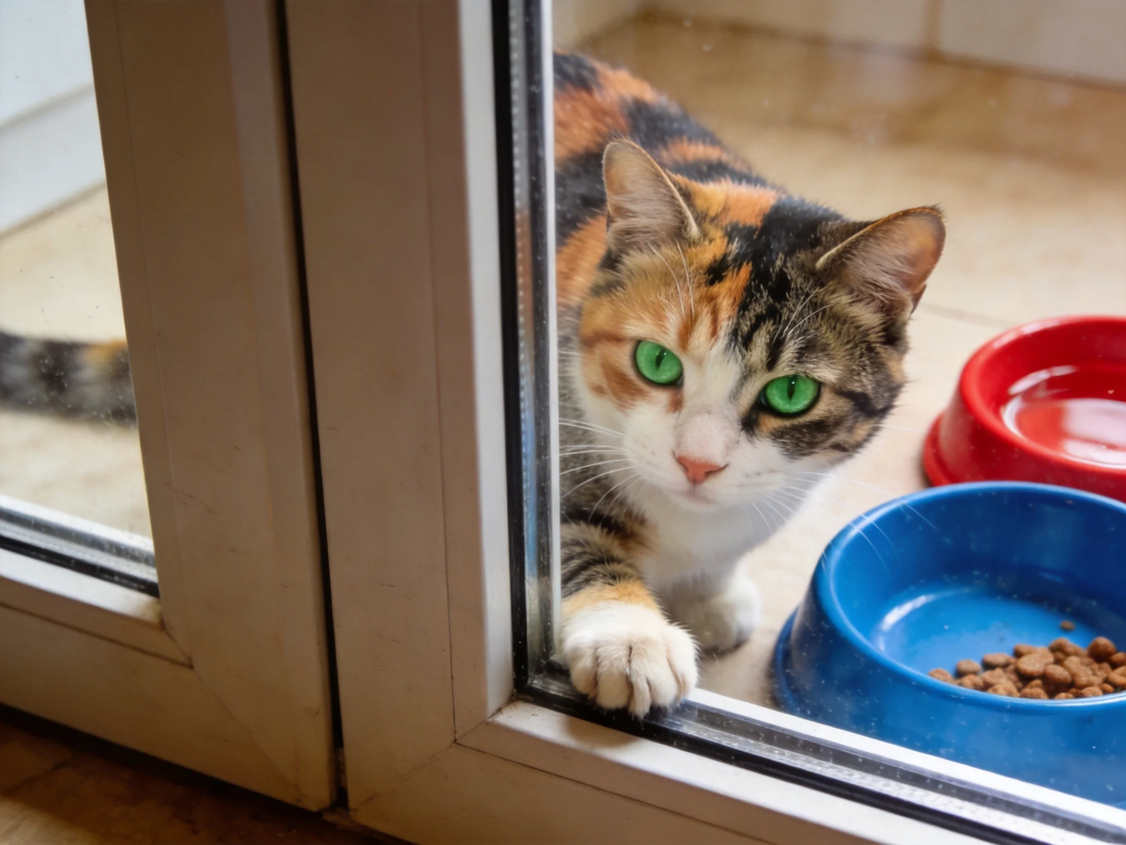 A calico cat with green eyes looks near pet bowls.