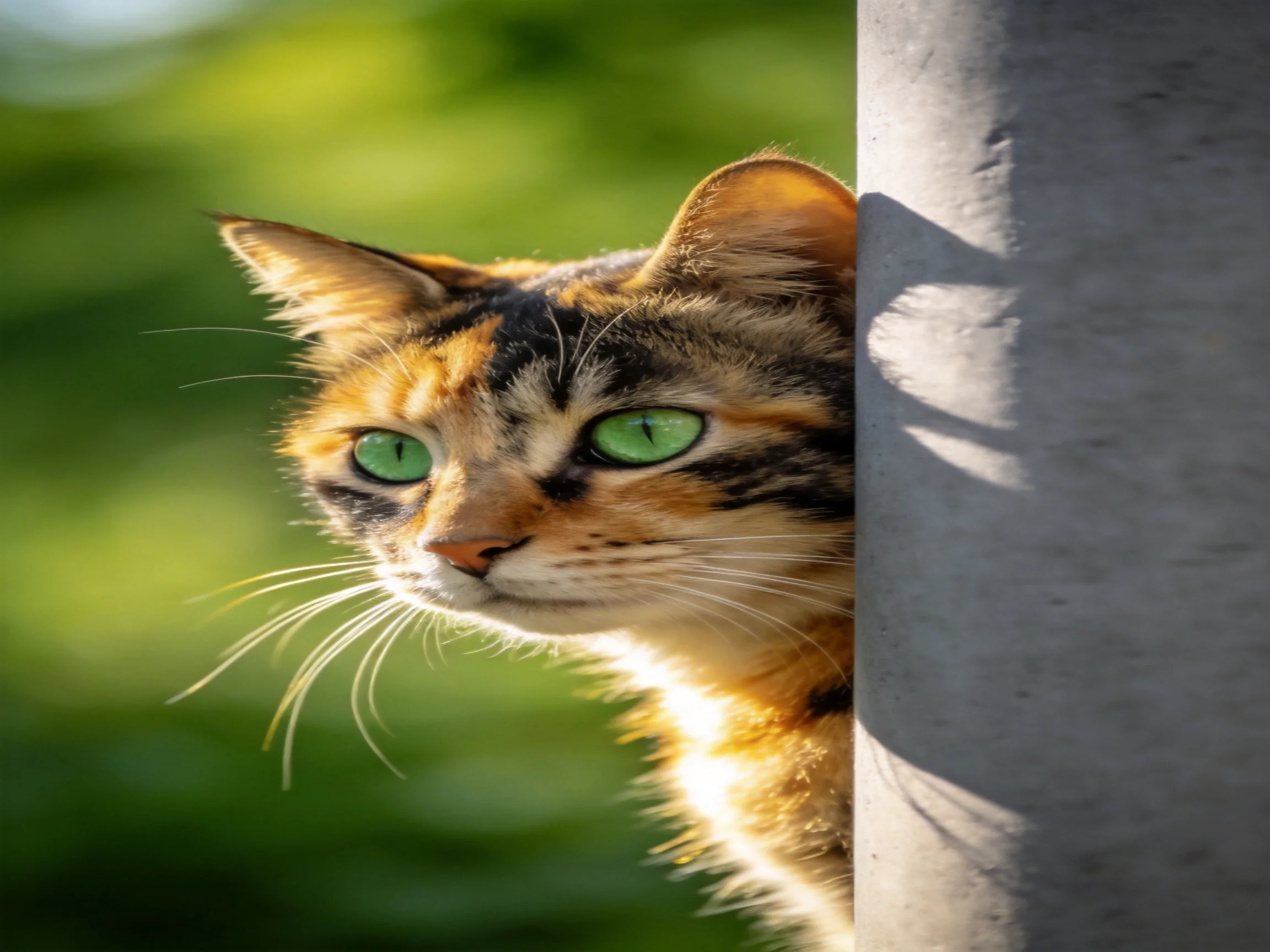 A calico cat with green eyes peeks from behind a gray pole outdoors.