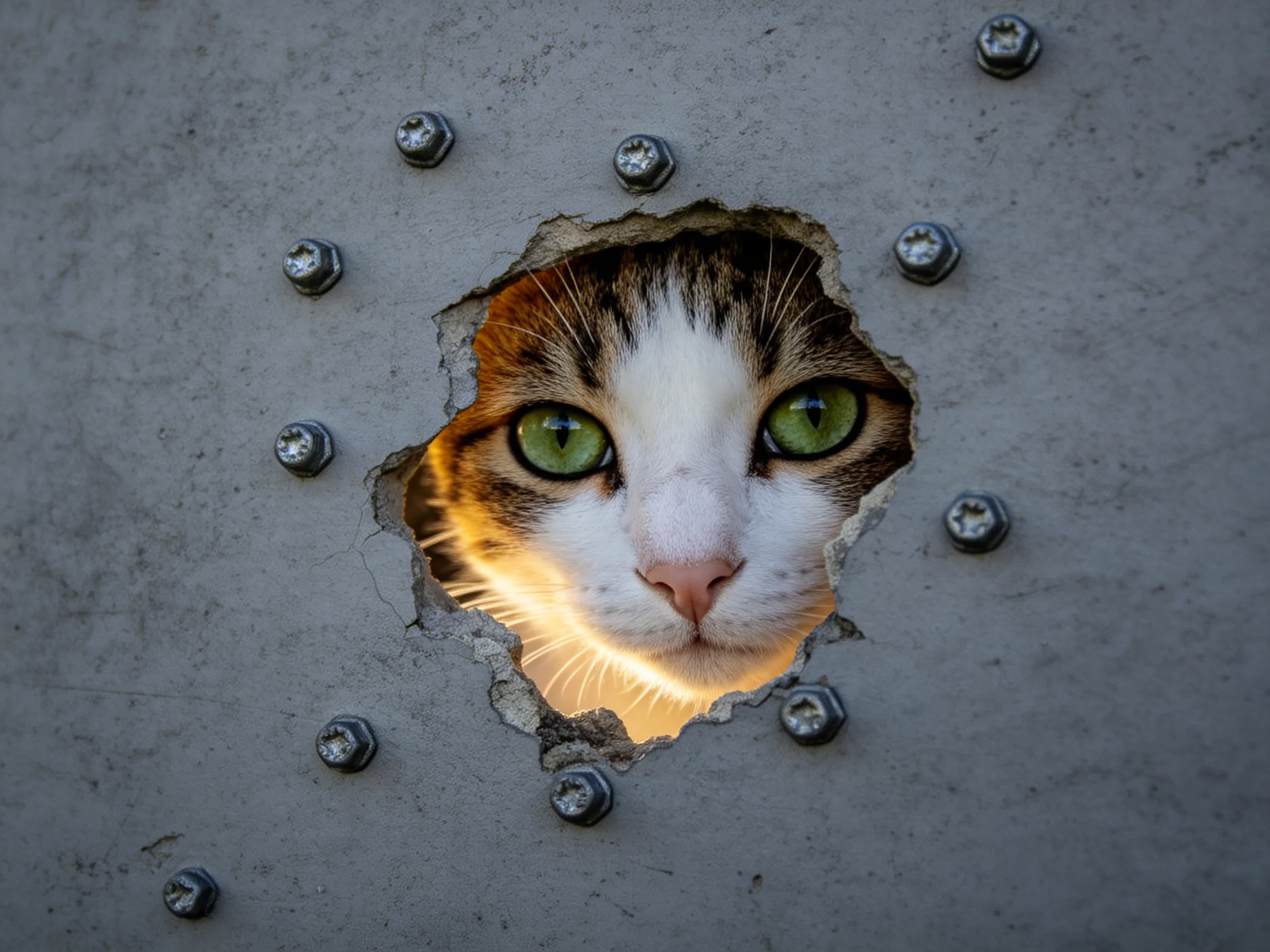 A calico cat with green eyes looks through a hole surrounded by bolts