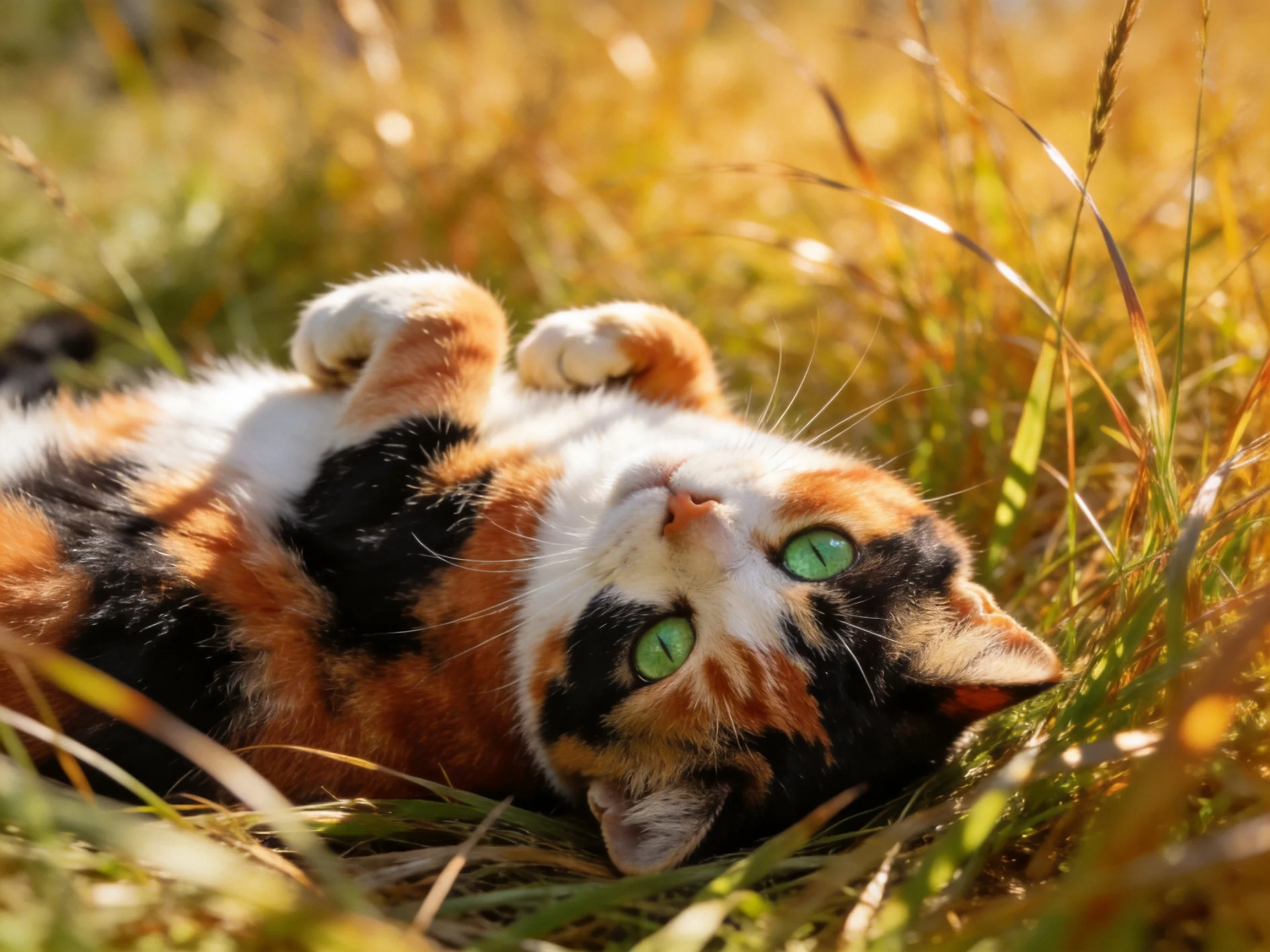 A calico cat with green eyes relaxes in grass