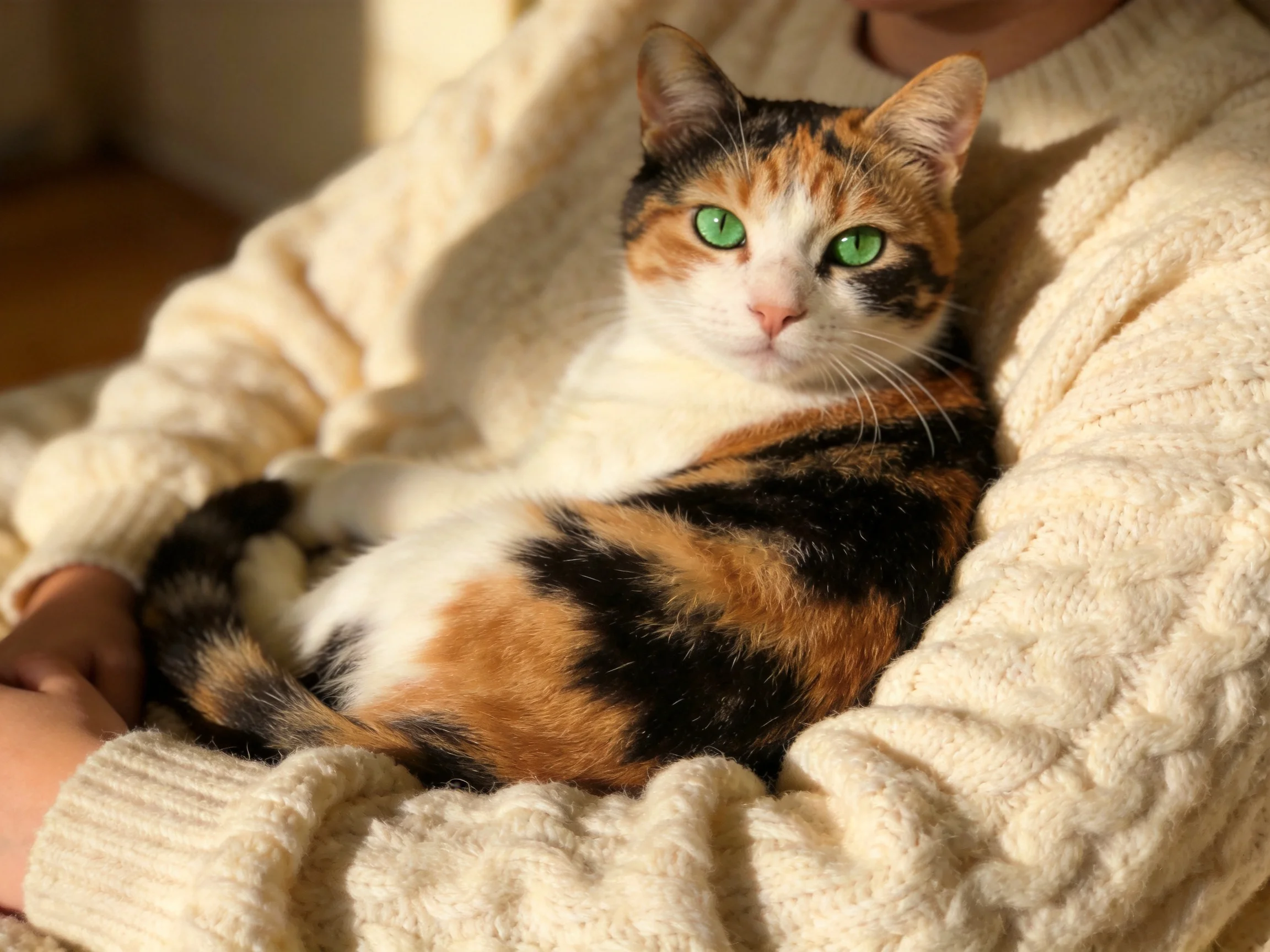 A calico cat with green eyes relaxes in a cream-colored knitted garment.