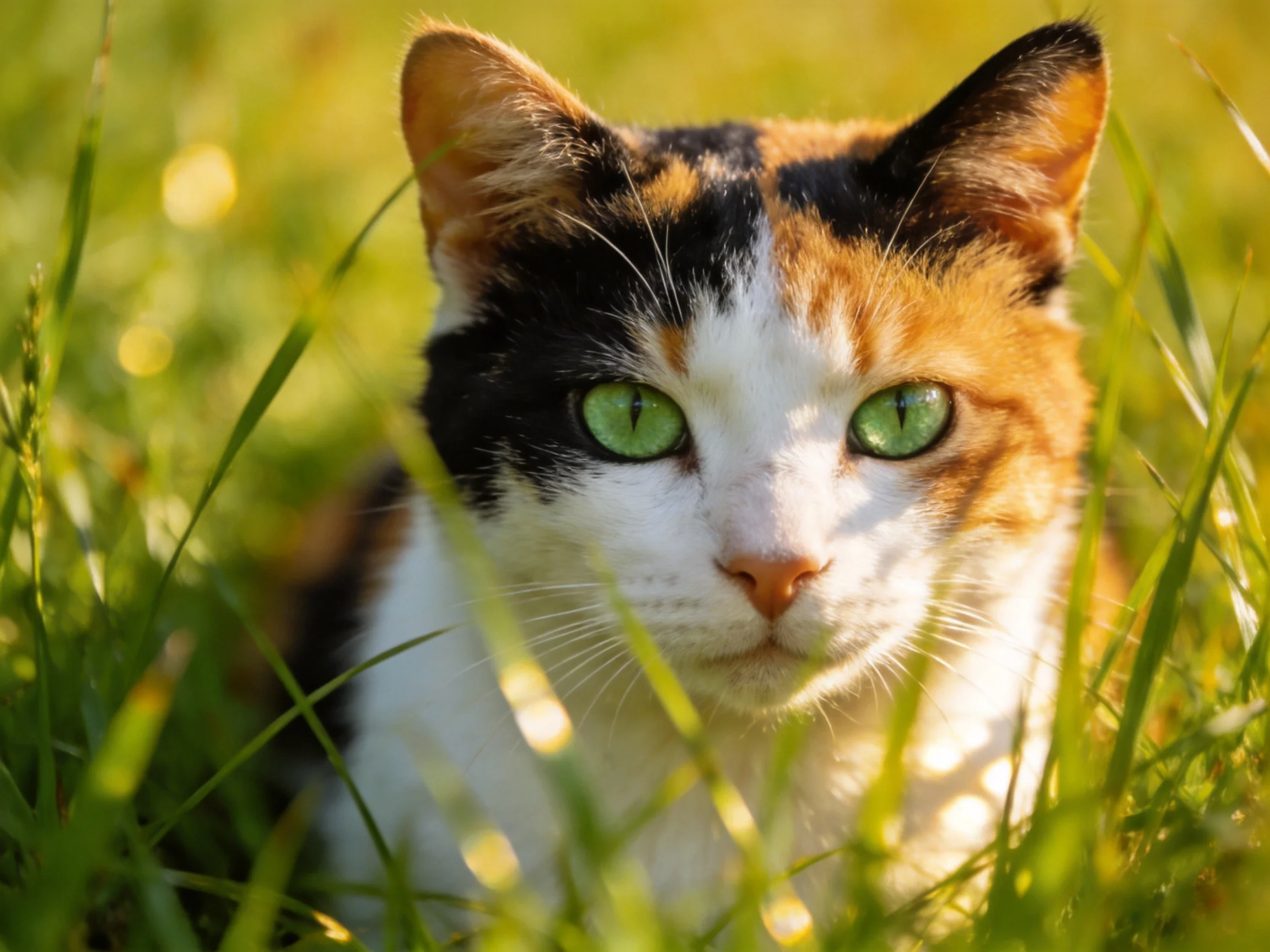 A calico cat with green eyes is nestled among tall grass in sunlight.