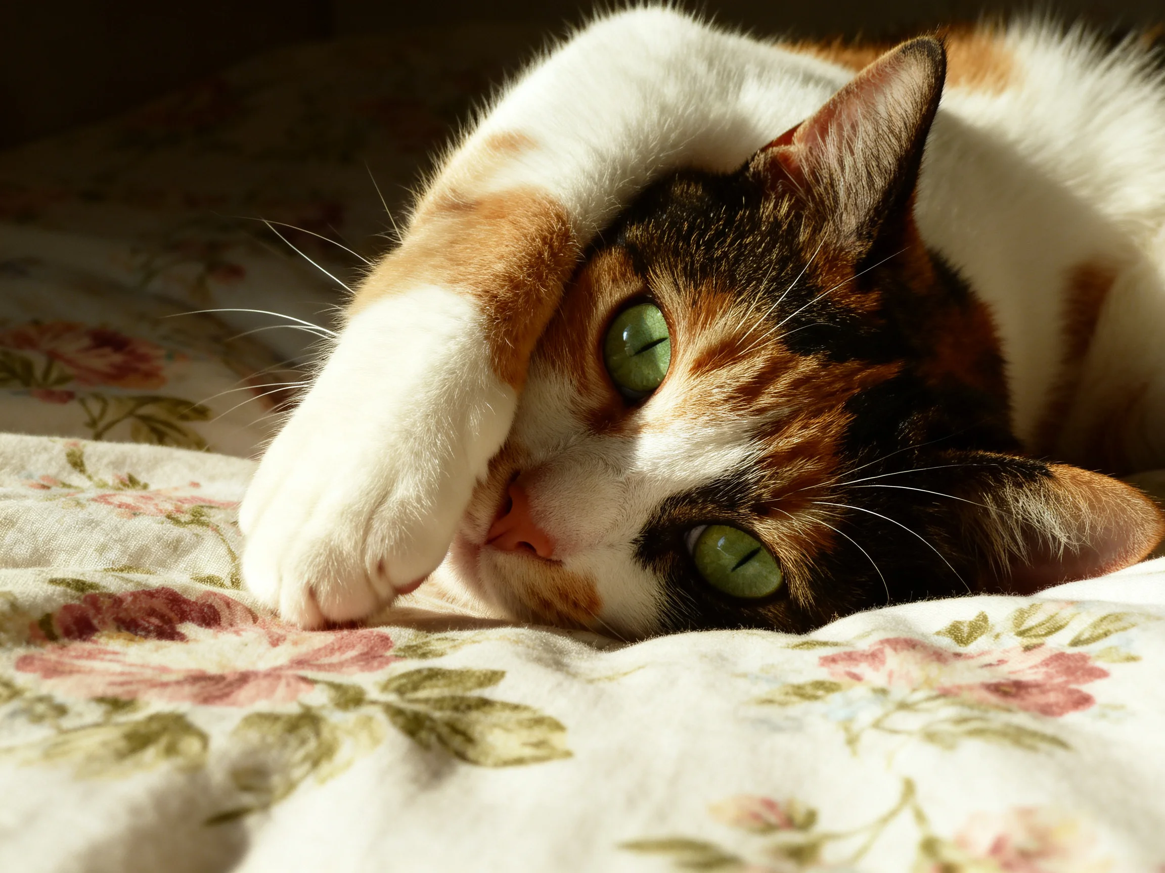 A calico cat with green eyes relaxes on a floral bedspread.