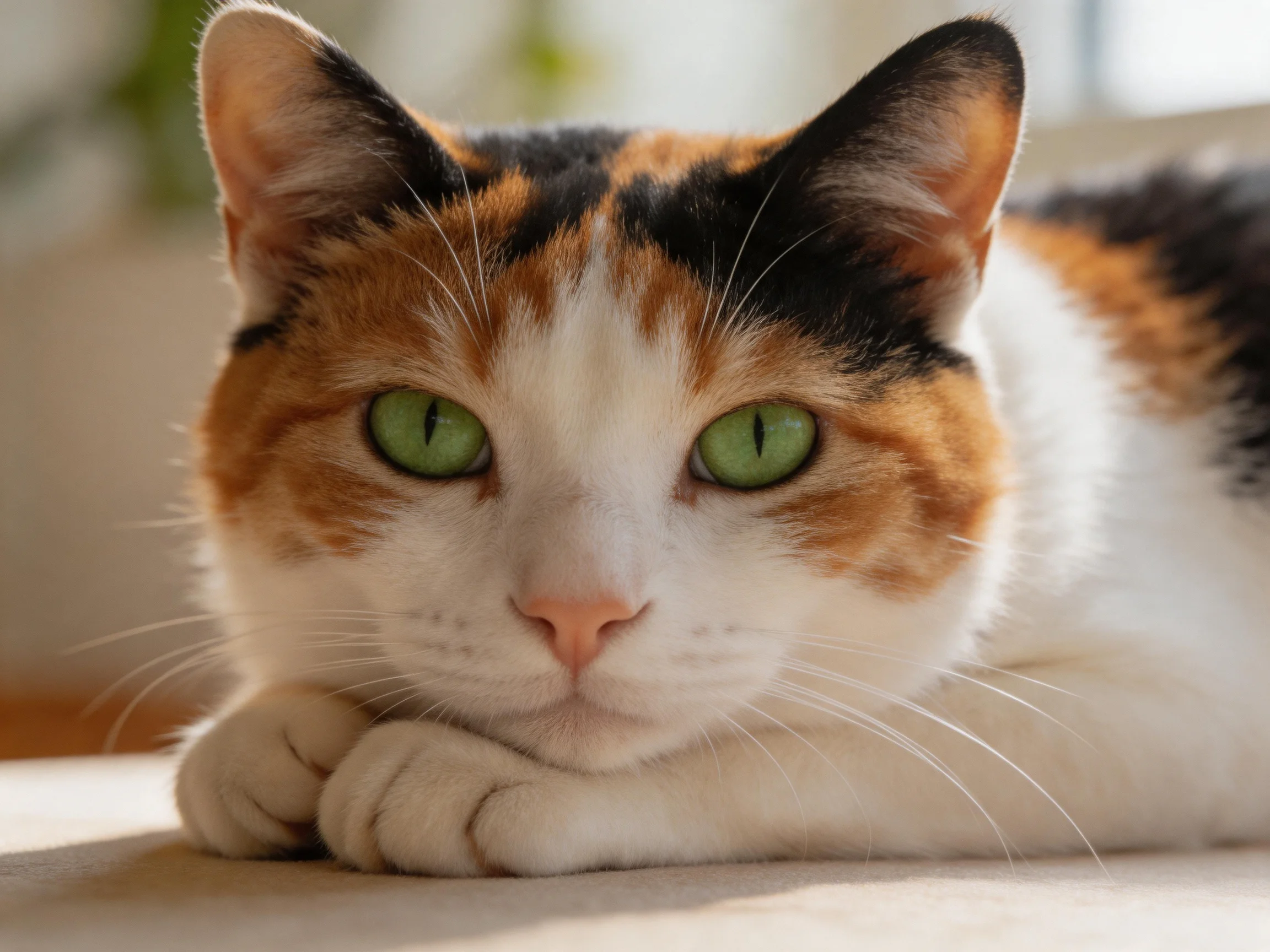 A calico cat with green eyes relaxes on a soft surface