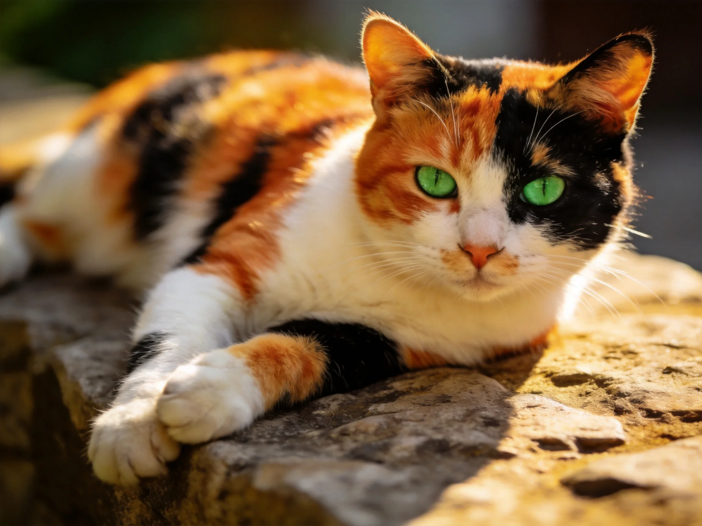 A calico cat with vivid green eyes lounges on a textured stone surface.
