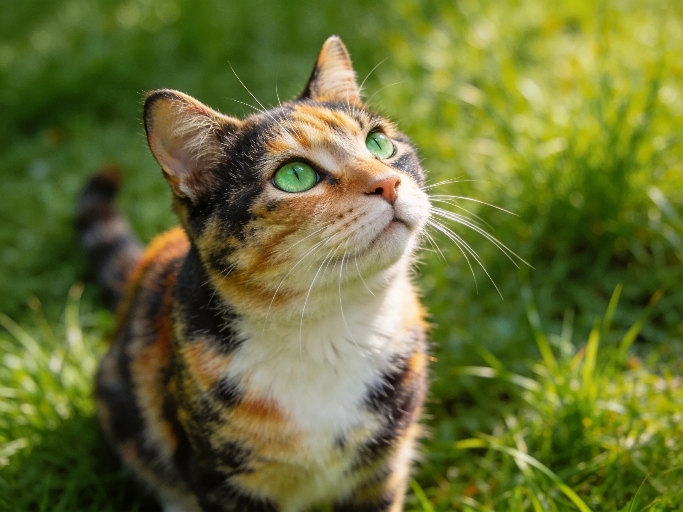 A calico cat with green eyes looks upward while on grass