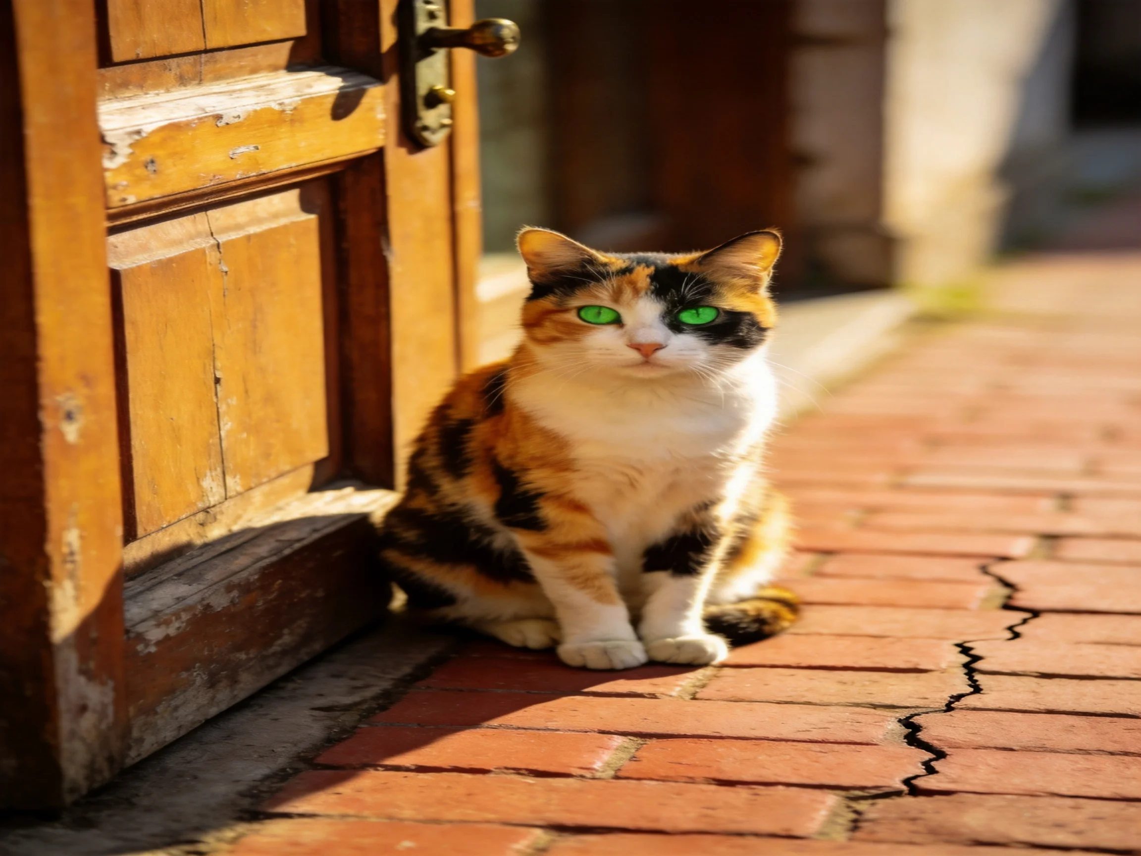 A calico cat with green eyes sits by a wooden door on a brick path.
