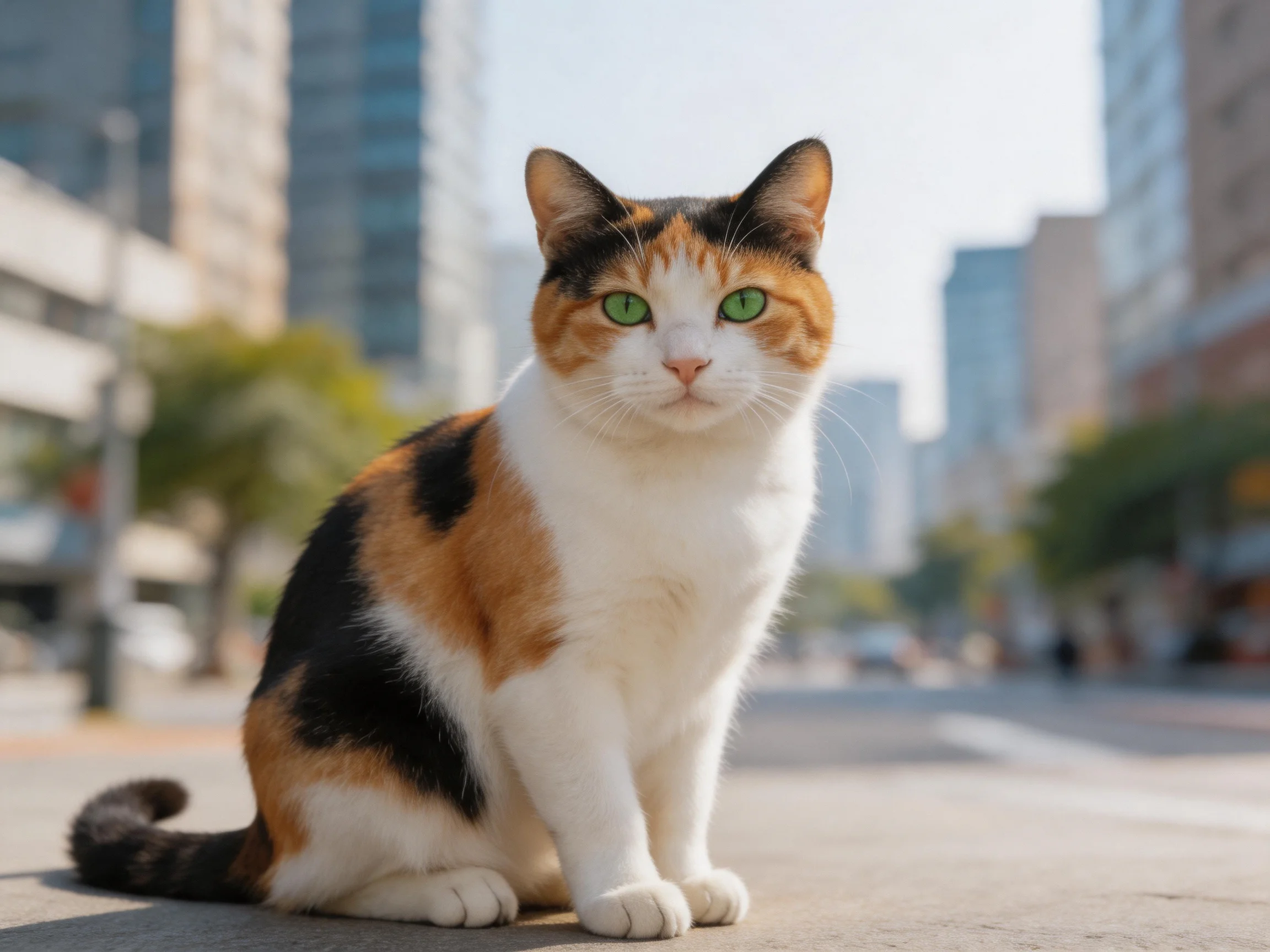 A calico cat with bright green eyes sits on a sunlit city street