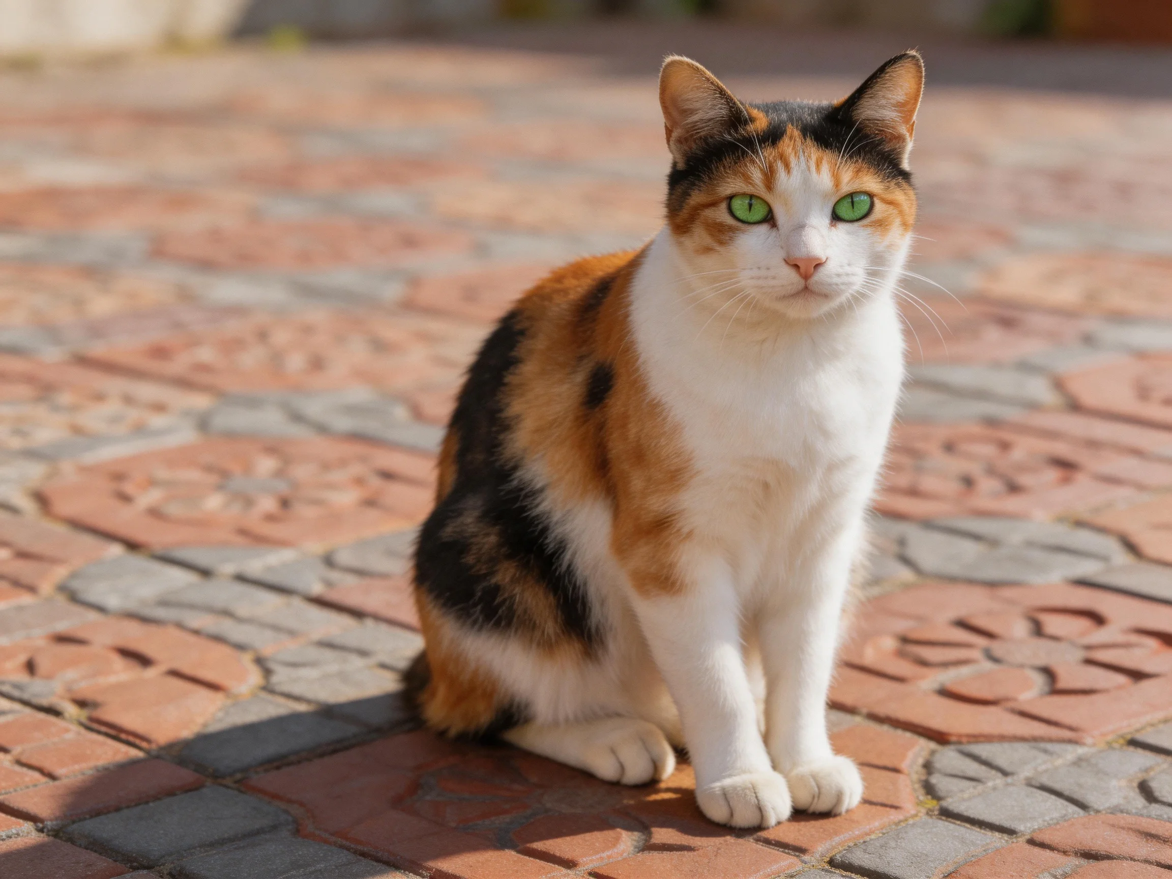 A calico cat with green eyes sits calmly on decorative brick pavement.