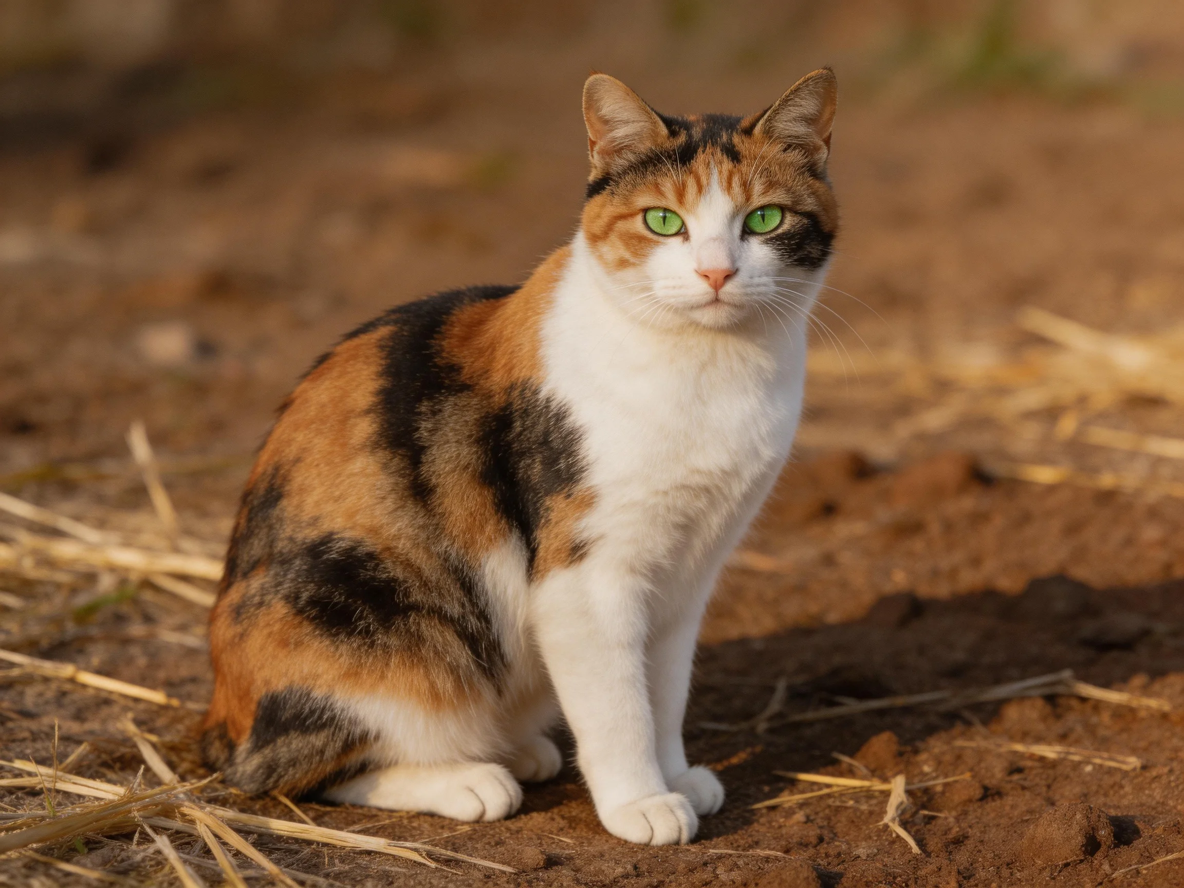 A calico cat with green eyes sits calmly on reddish-brown soil surrounded by straw.