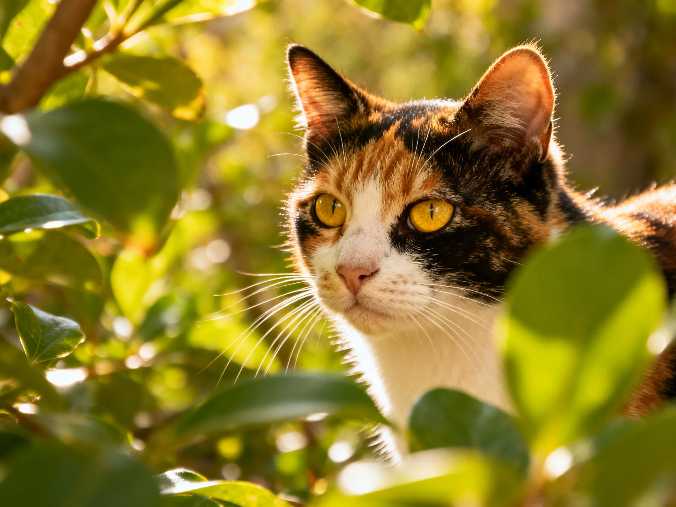 A calico cat with yellow eyes is nestled among green leaves in sunlight