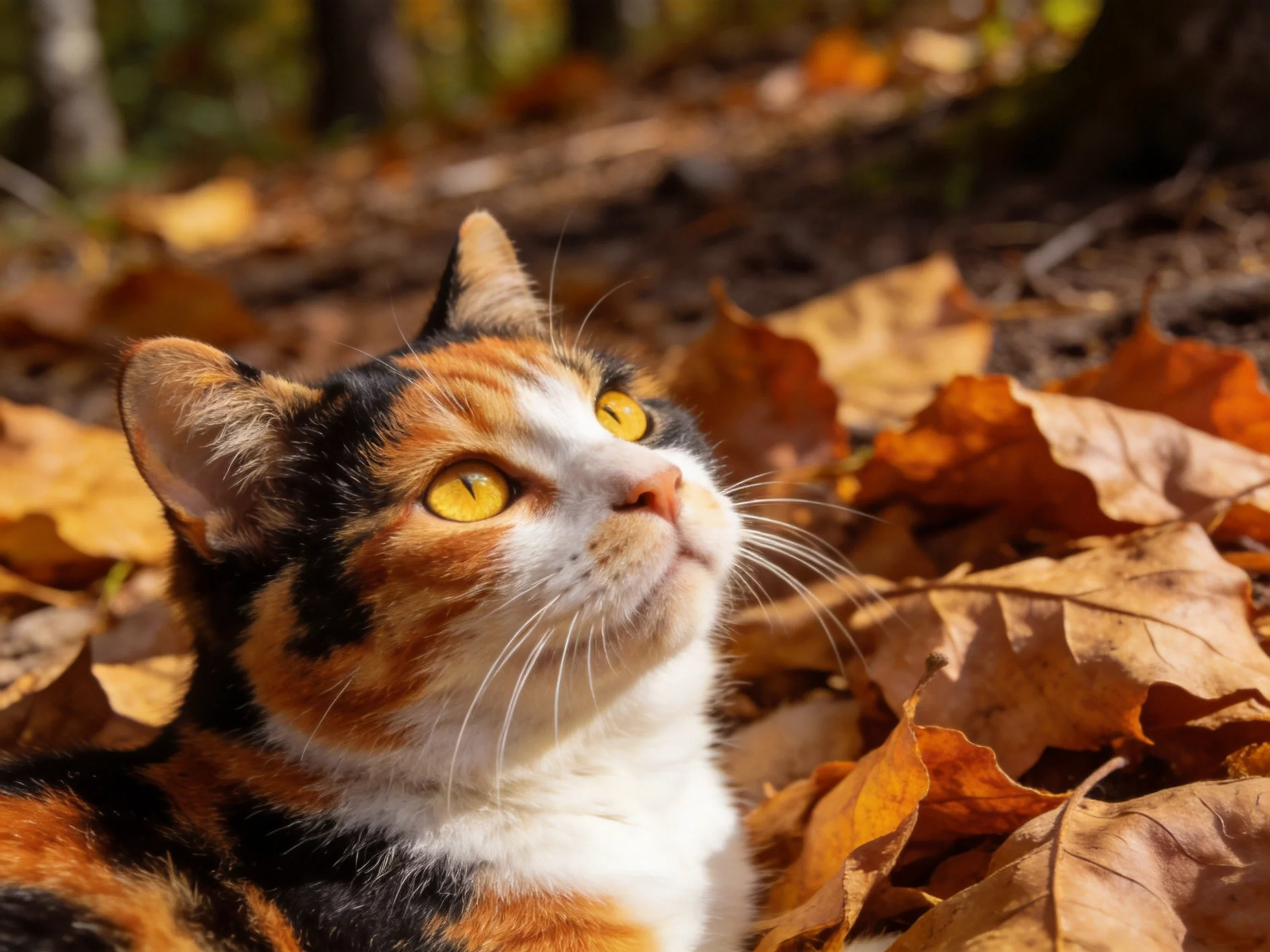 A calico cat with yellow eyes rests among fallen autumn leaves.