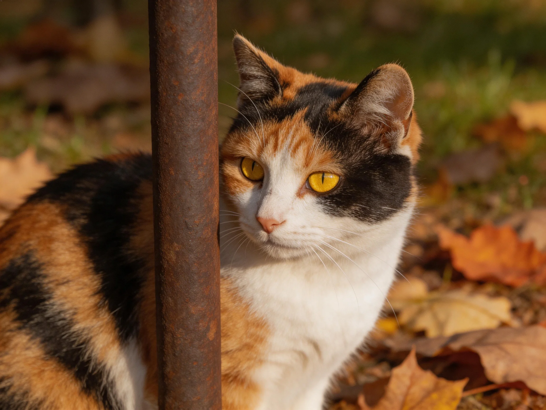 A calico cat with yellow eyes stands near a rusted pole surrounded by fallen leaves.