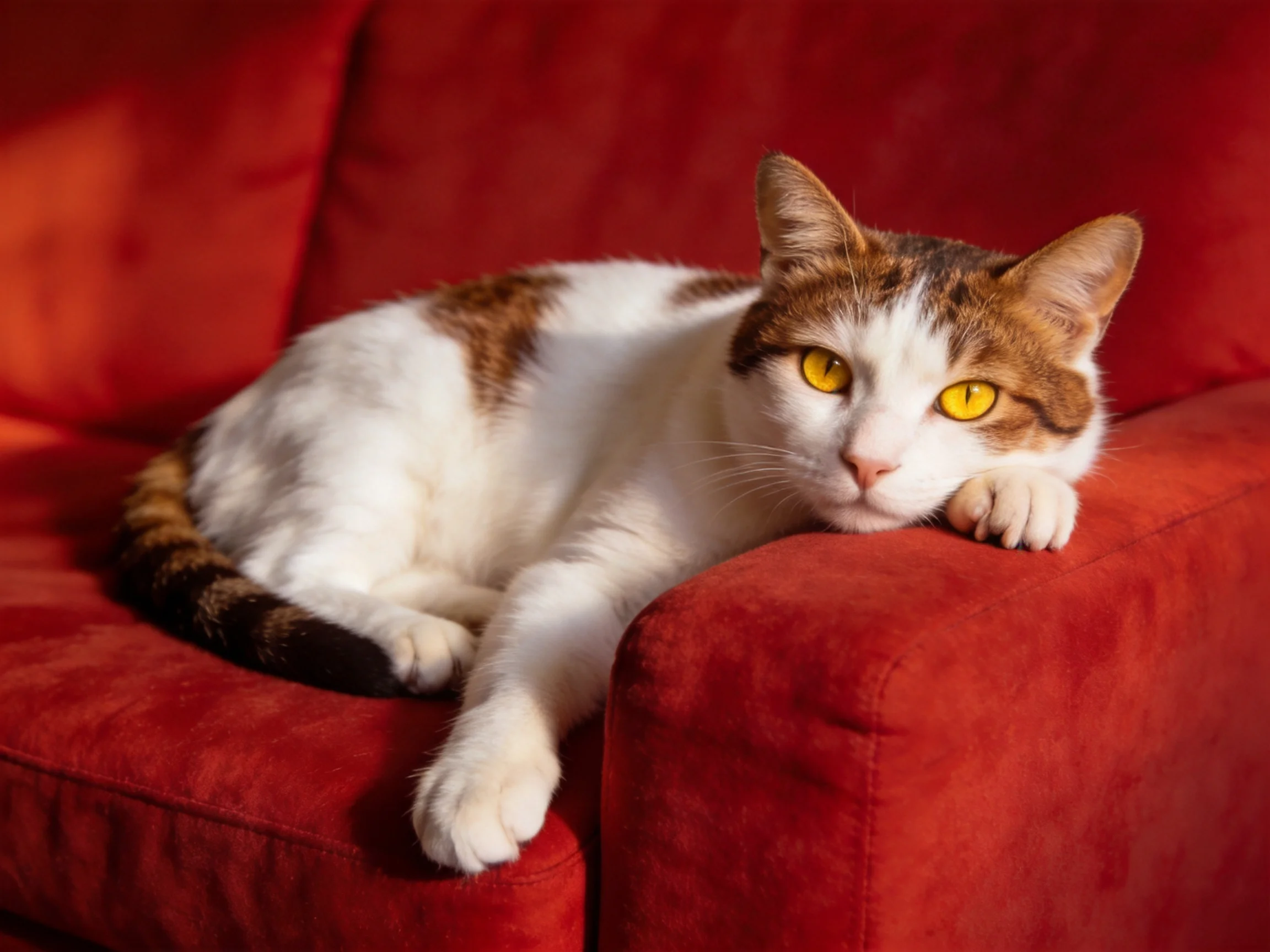 A calico cat with yellow eyes relaxes on a red sofa.