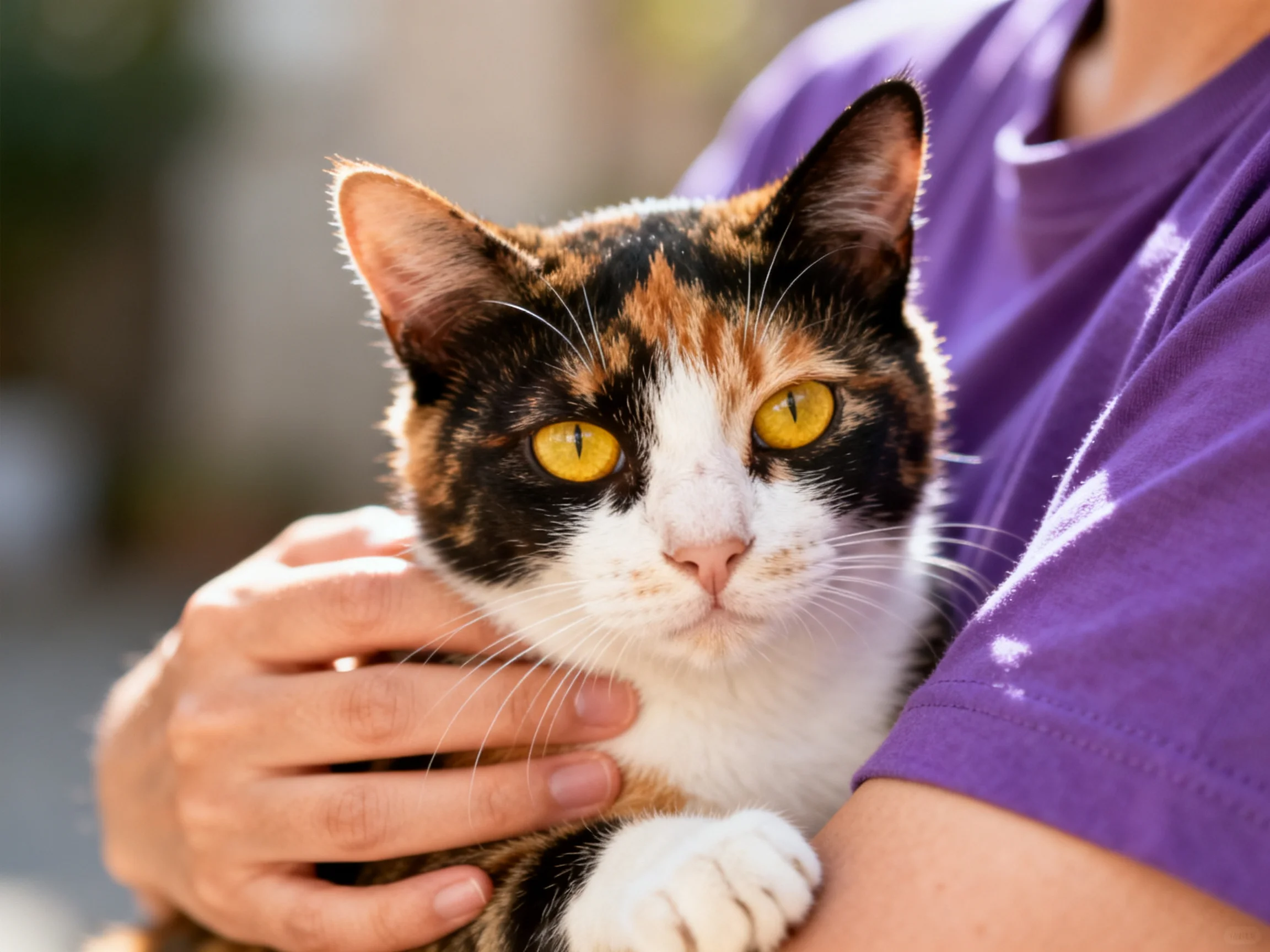 A calico cat with bright yellow eyes is held by a person in a purple shirt.
