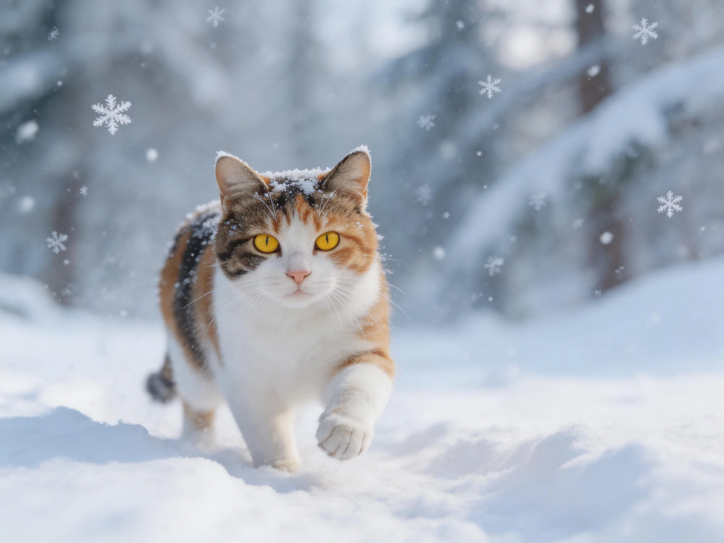 A calico cat with yellow eyes moves through deep snow in a snowy landscape.
