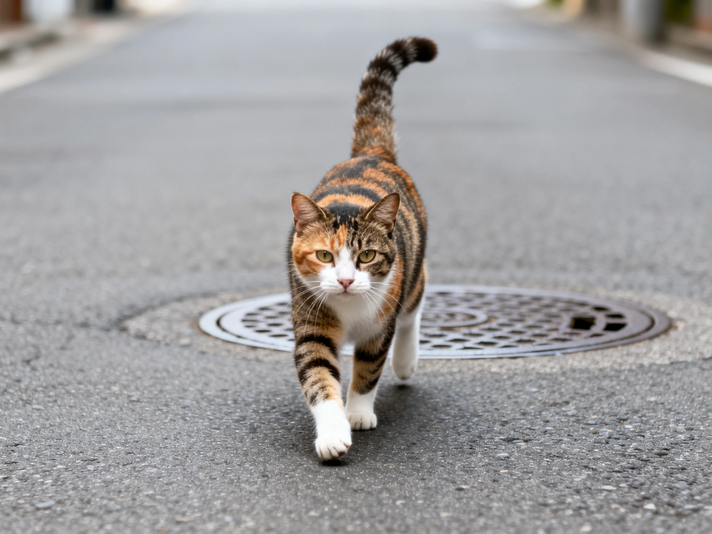 A calico cat walks alone on a quiet asphalt road near a manhole cover.