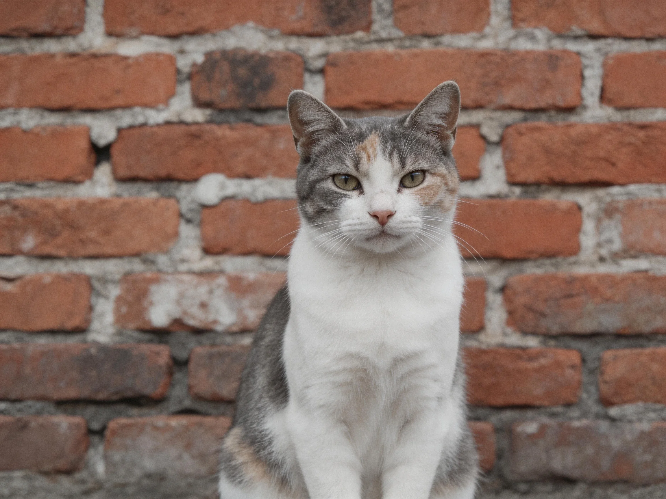 A calico cat sits calmly before a weathered red-brick wall.