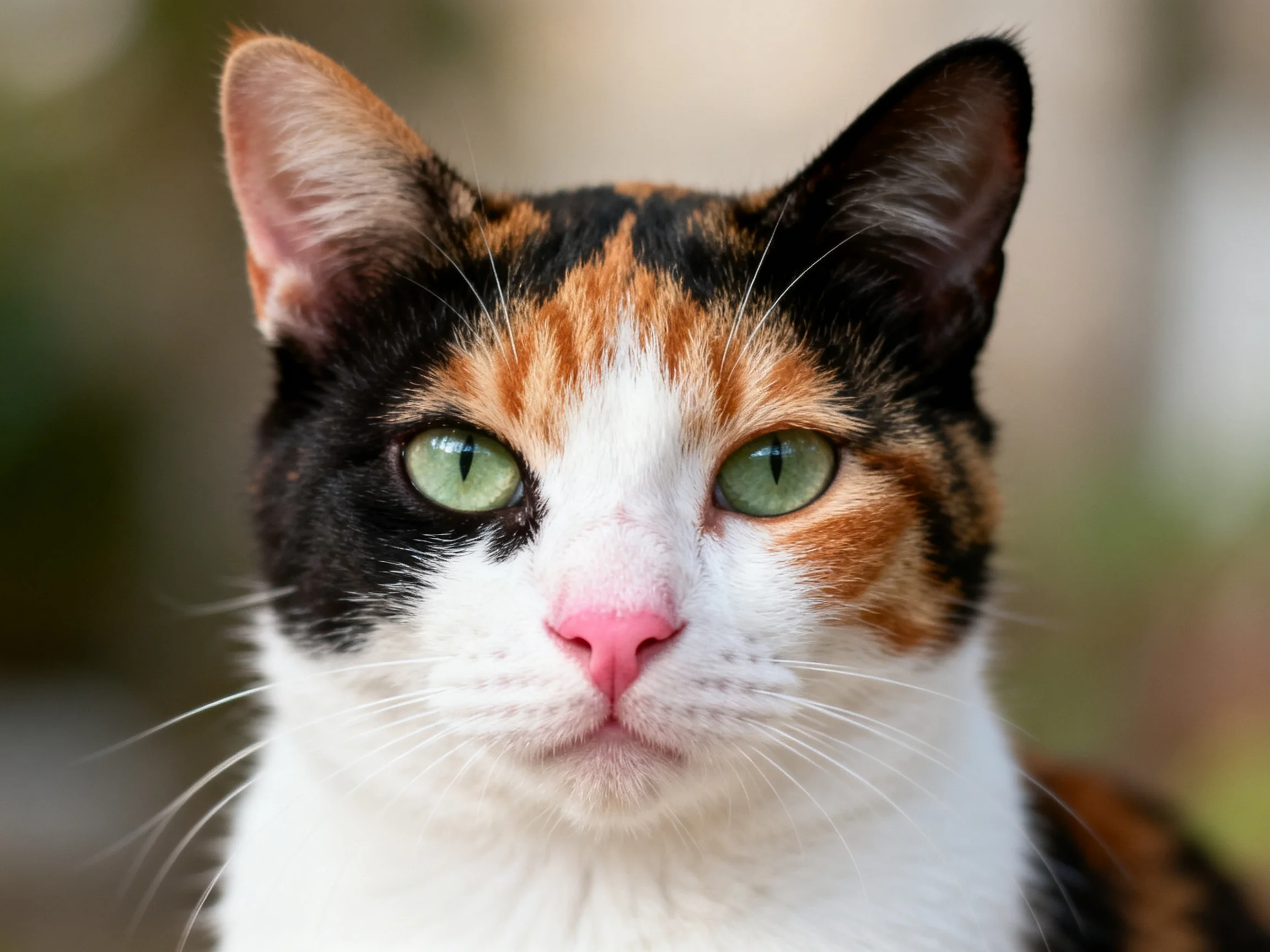 A calico cat with green eyes is photographed up close.