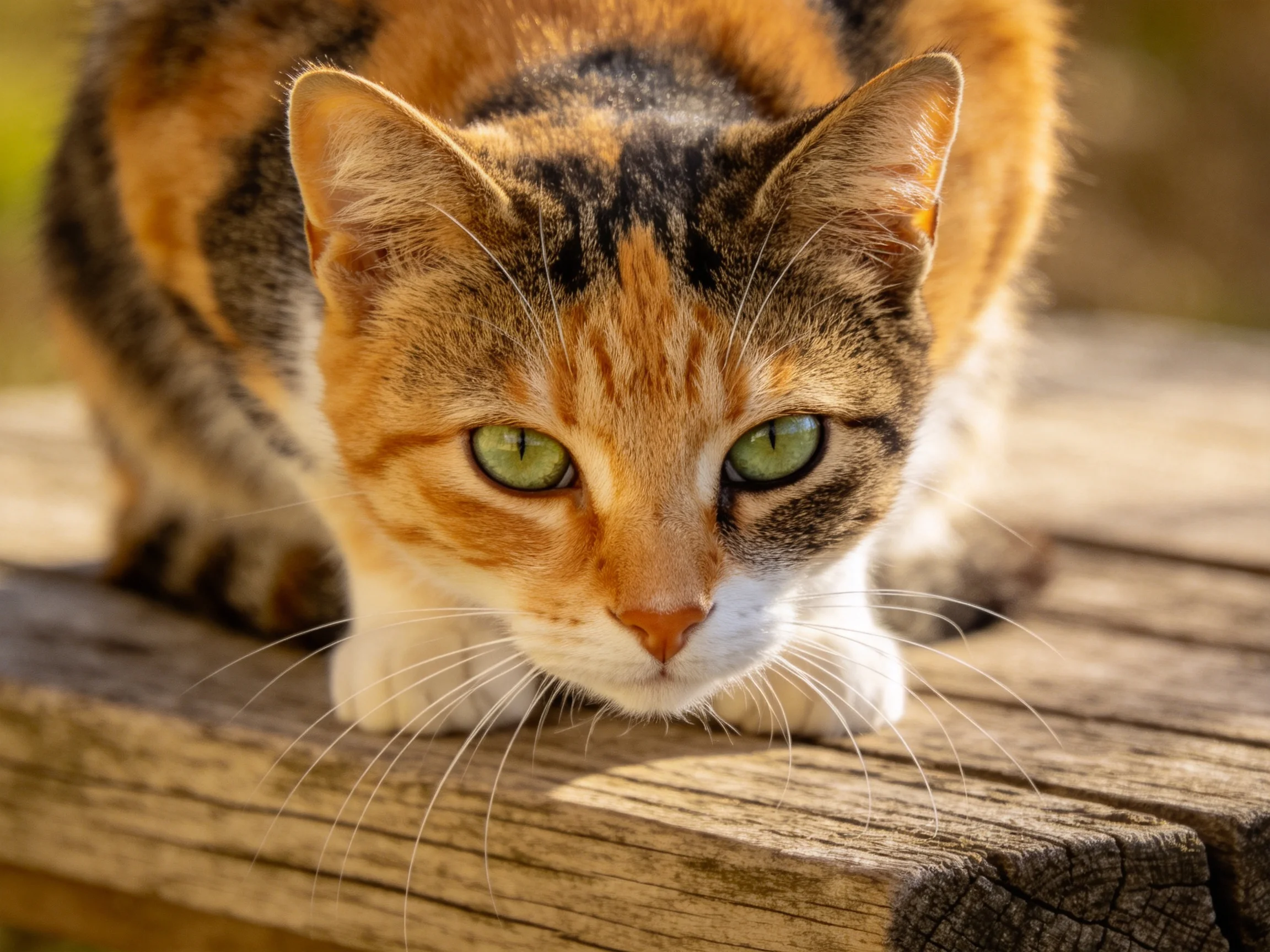 A calico cat with green eyes crouches on a wooden surface