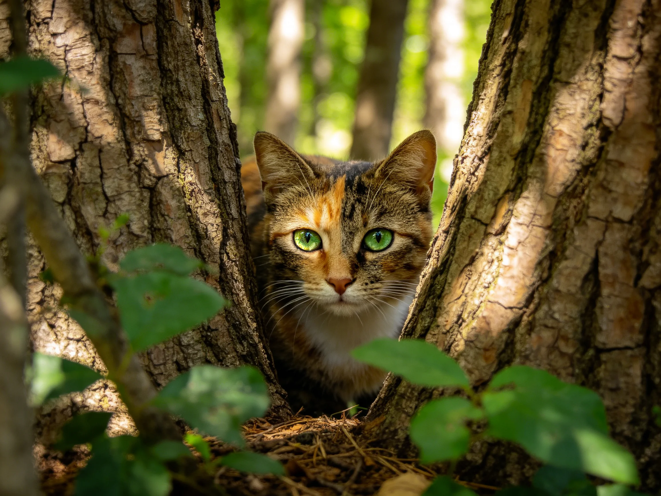A calico cat with green eyes hides between two large brown-trunked trees