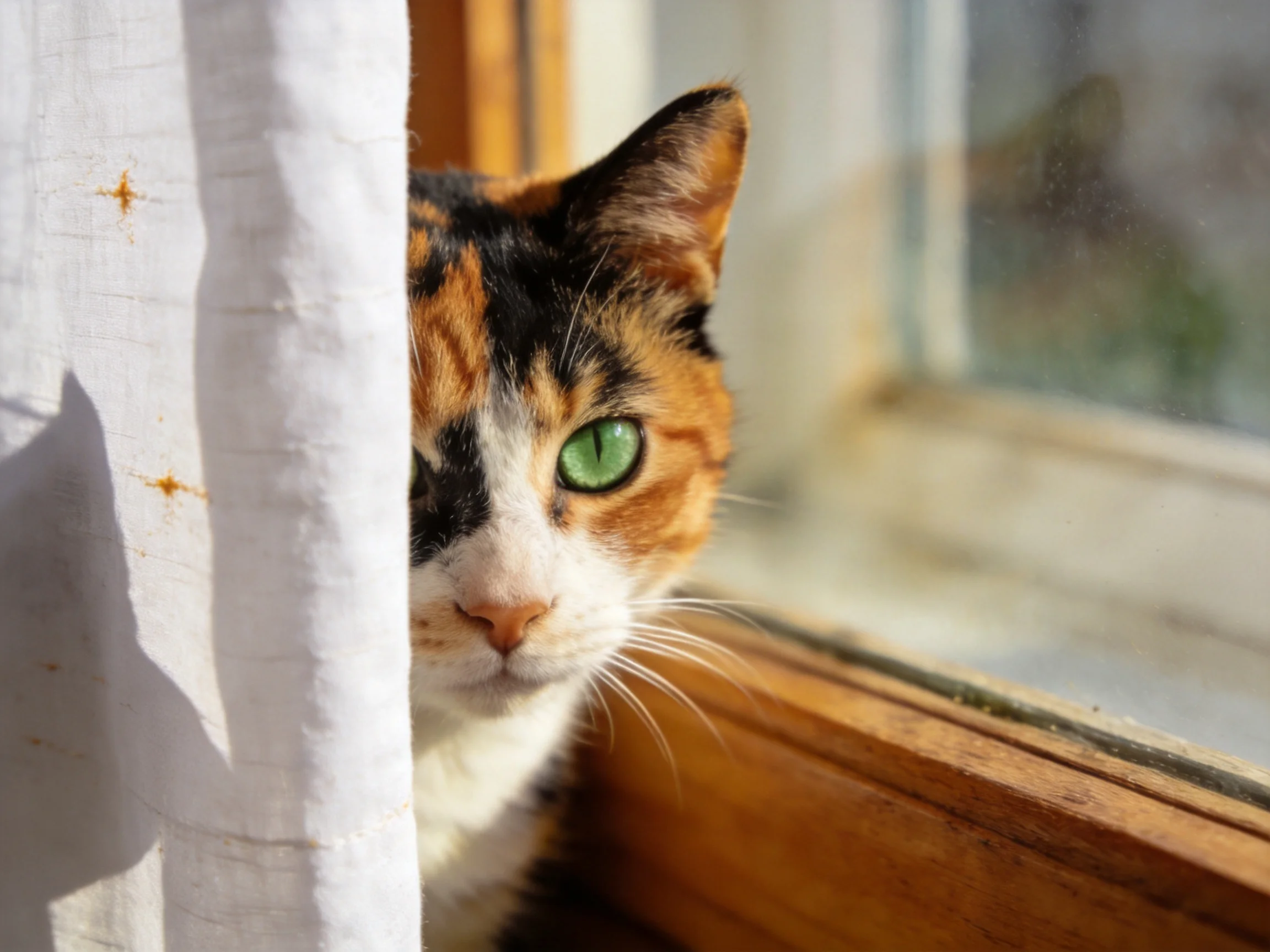 A calico cat with green eyes hides partially behind a white curtain by a wooden window.