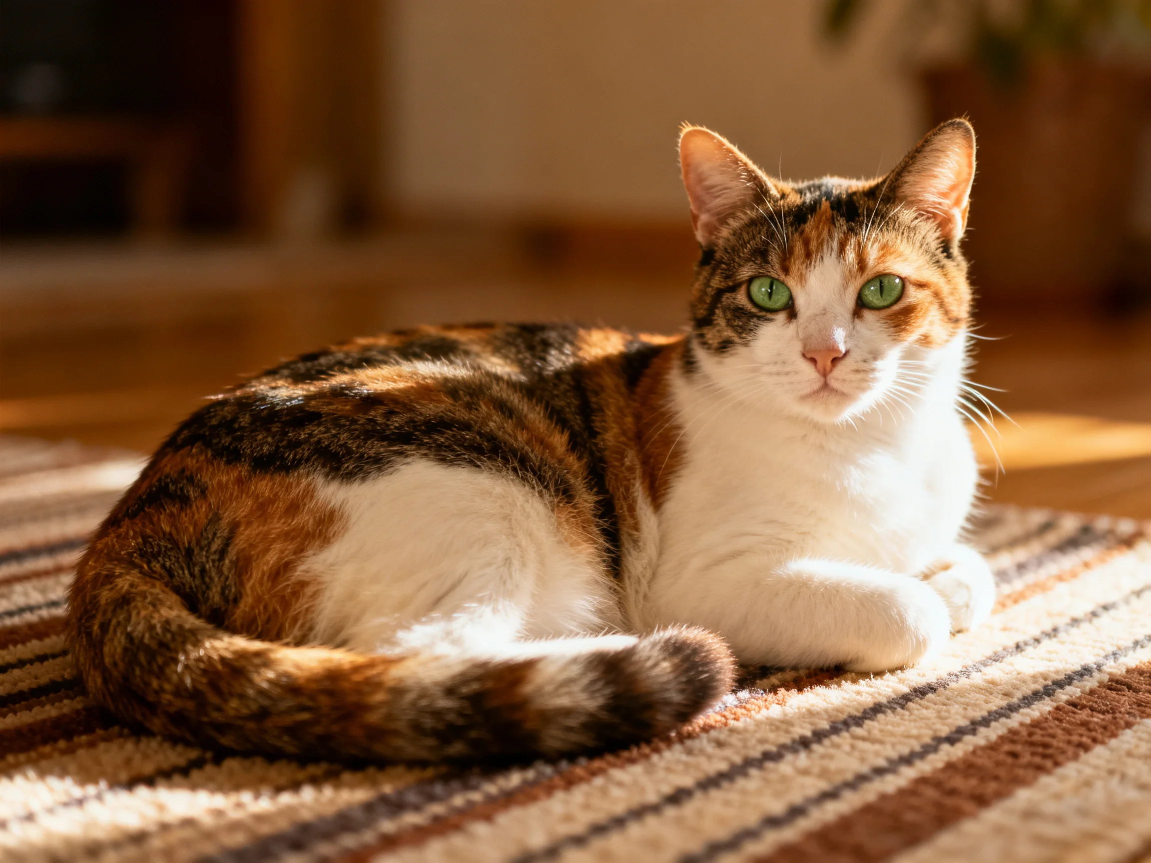 A calico cat with green eyes lounges on a striped rug in warm sunlight