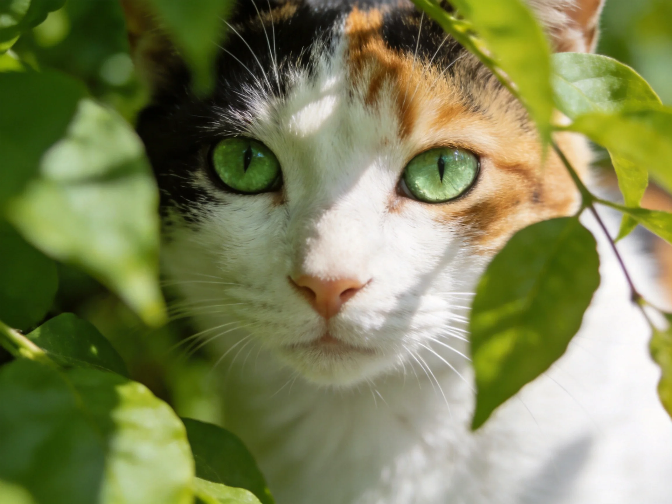 A calico cat with green eyes nestled among bright green leaves