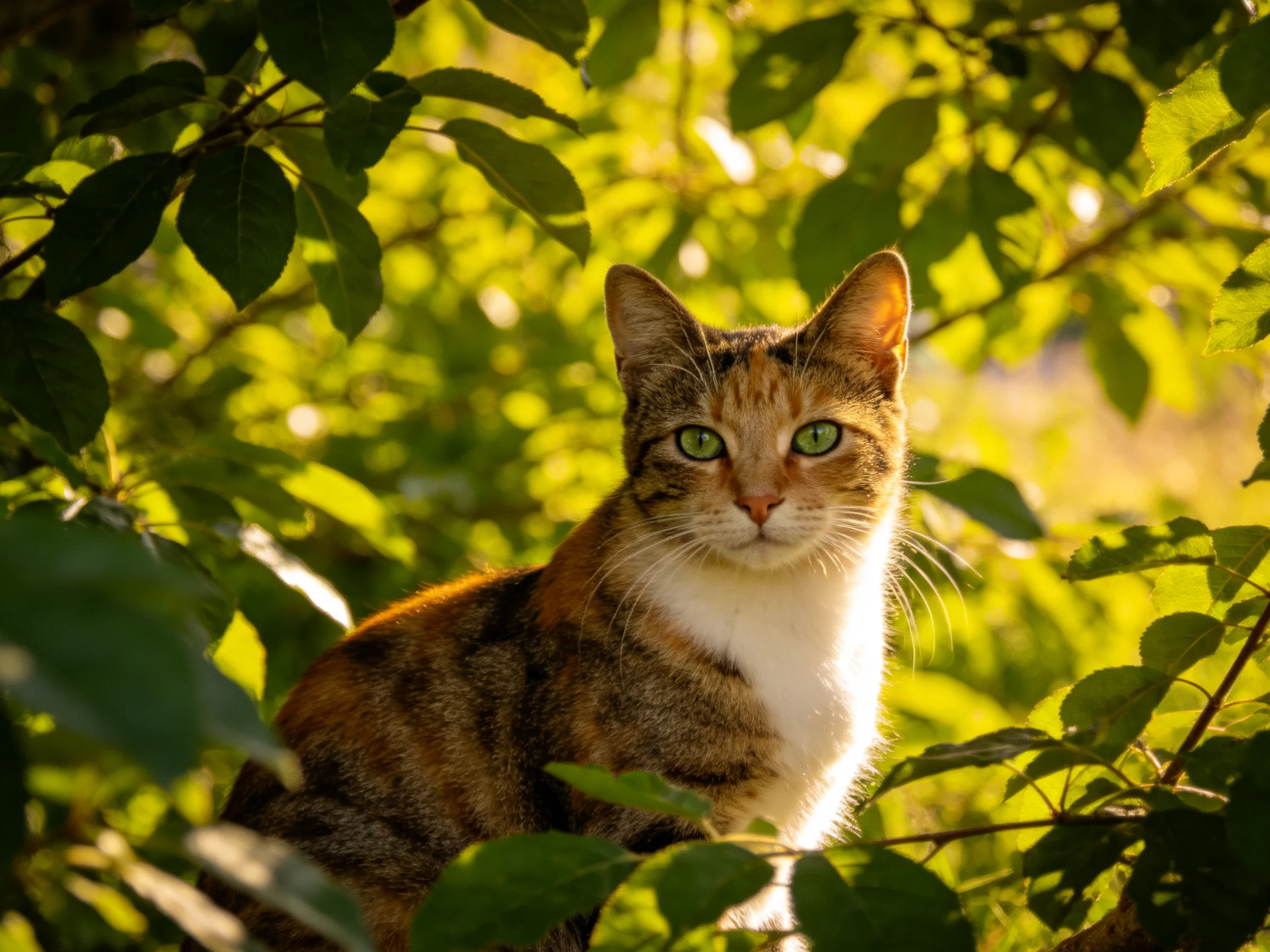 A calico cat with green eyes nestled among dense green foliage