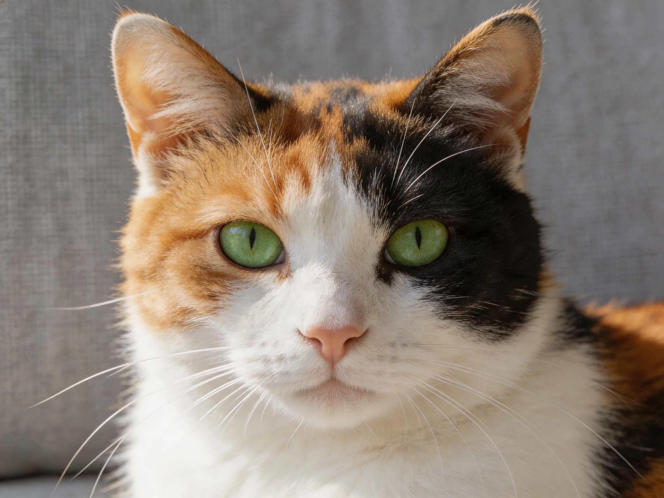A calico cat with green eyes rests near a gray fabric.