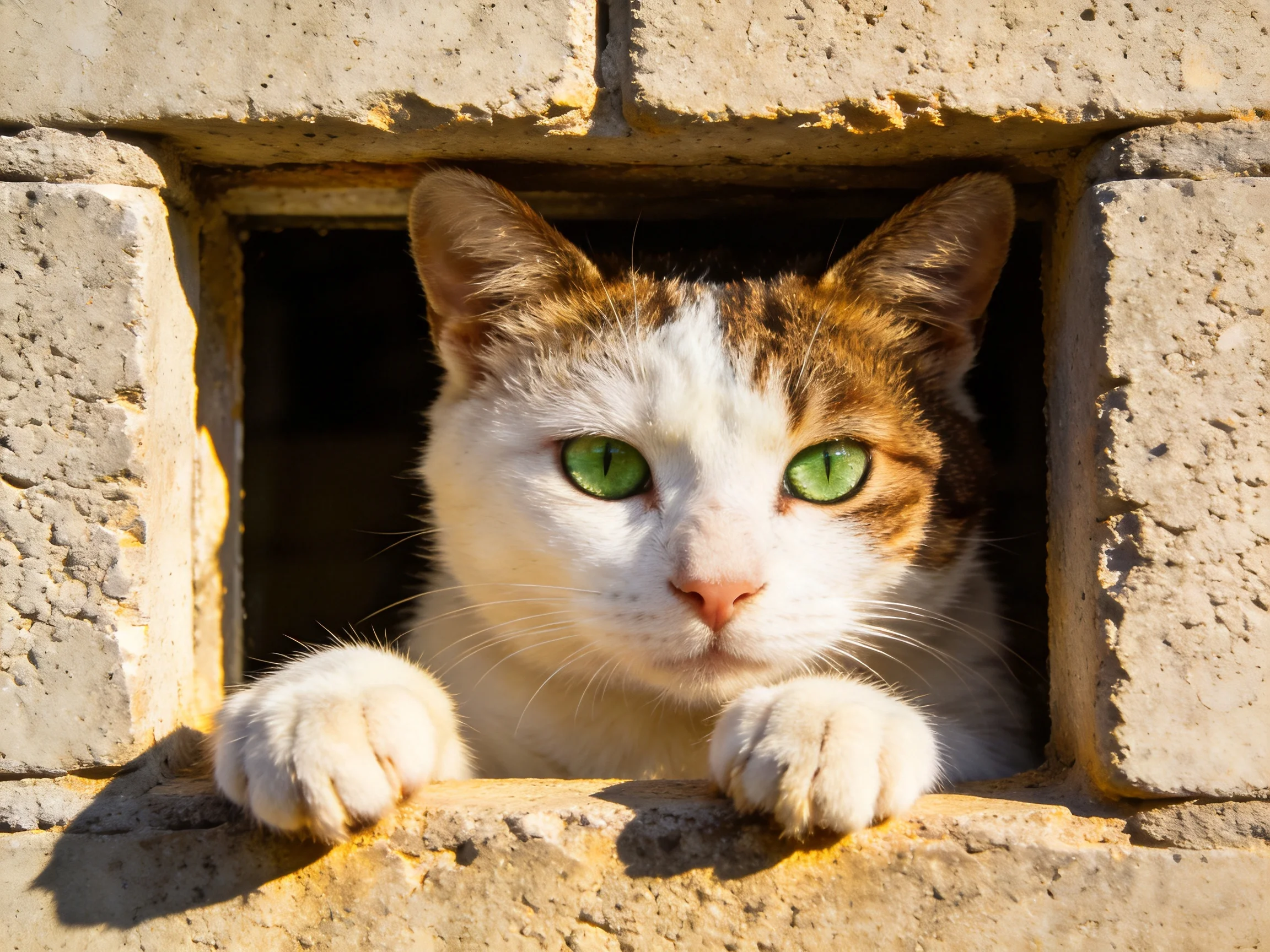 A calico cat with green eyes peers from a stone window opening