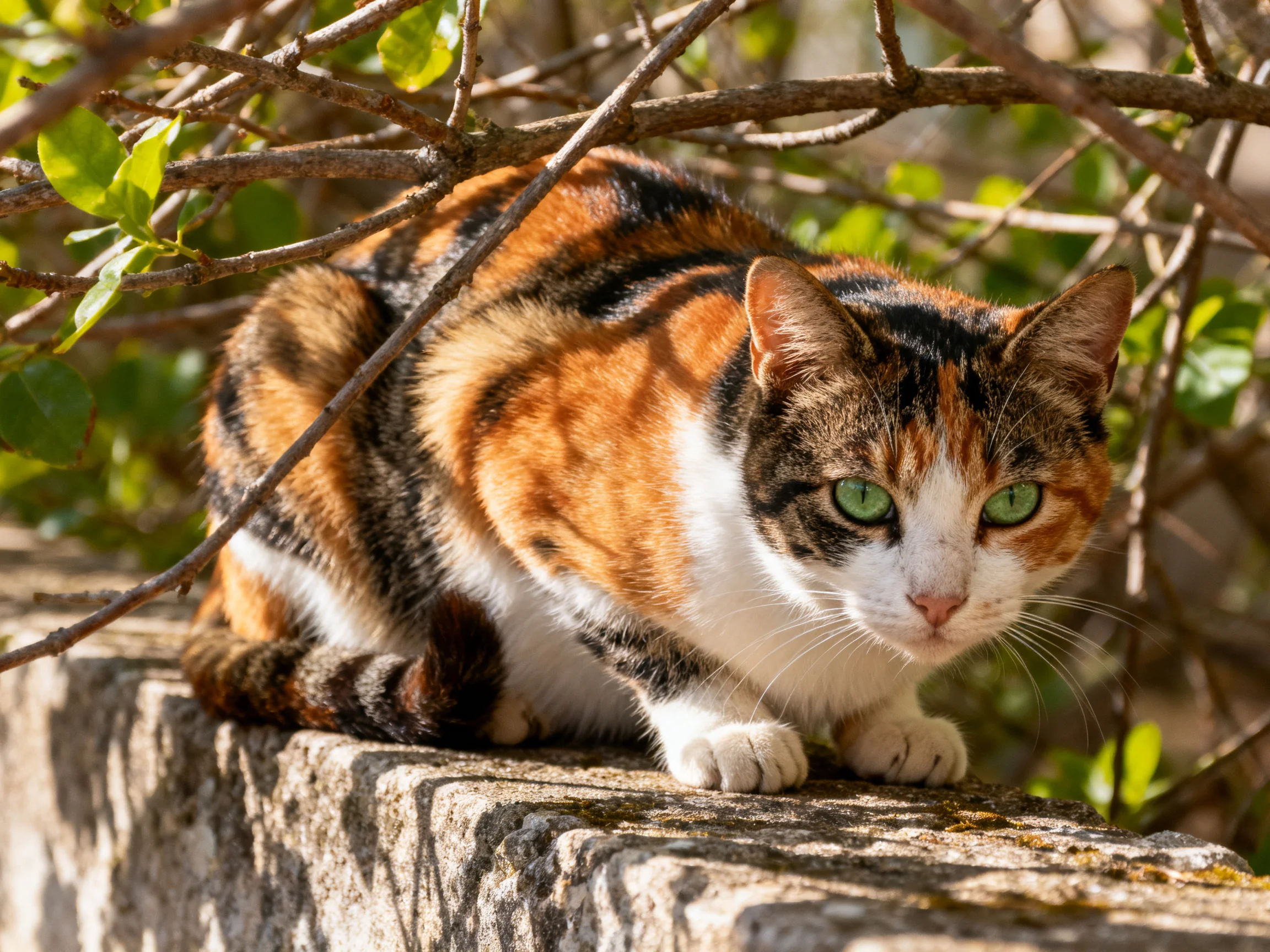 A calico cat with green eyes rests on a stone ledge near branches