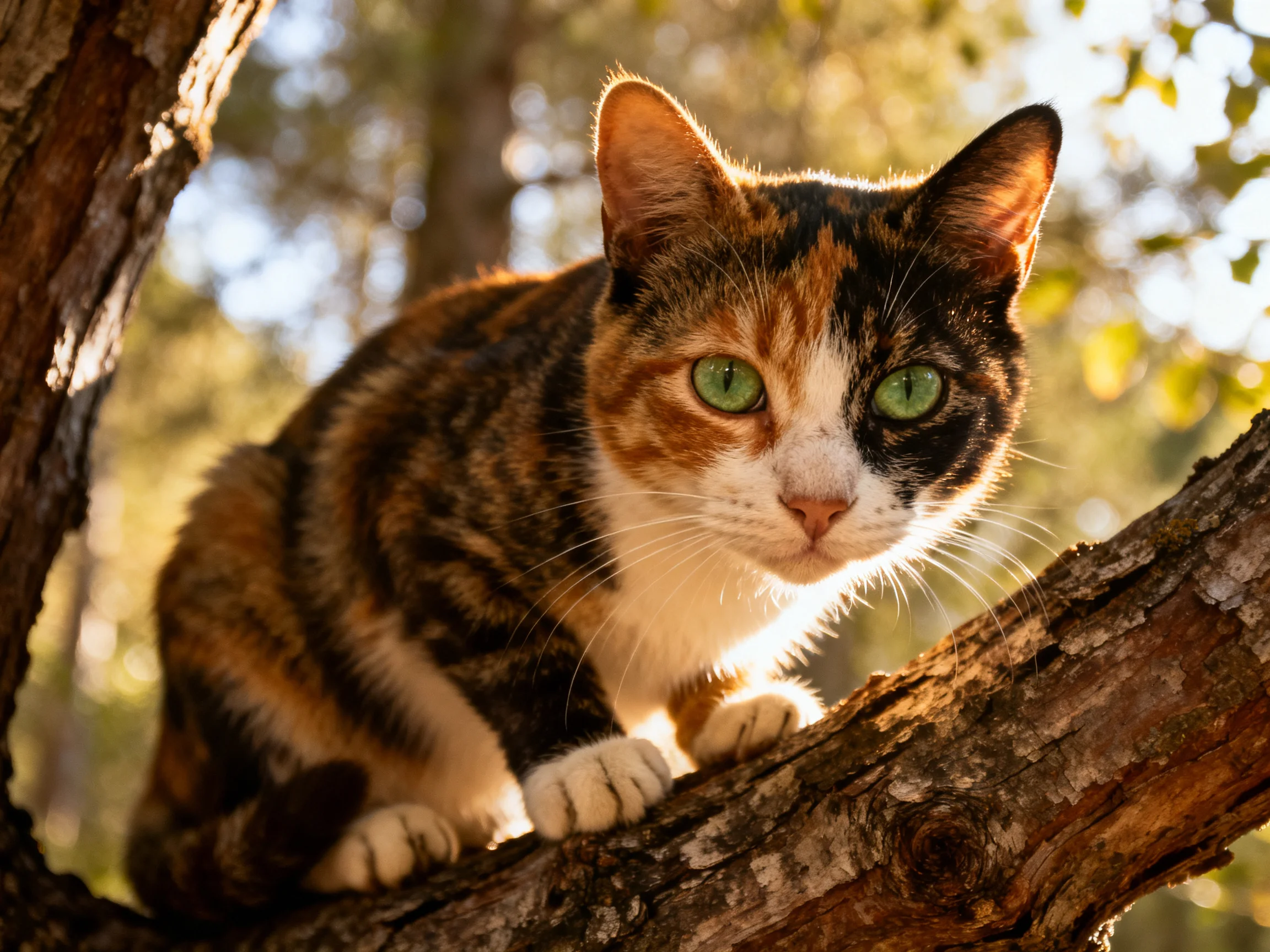 A calico cat with green eyes sits on a tree branch in a sunlit outdoor setting.