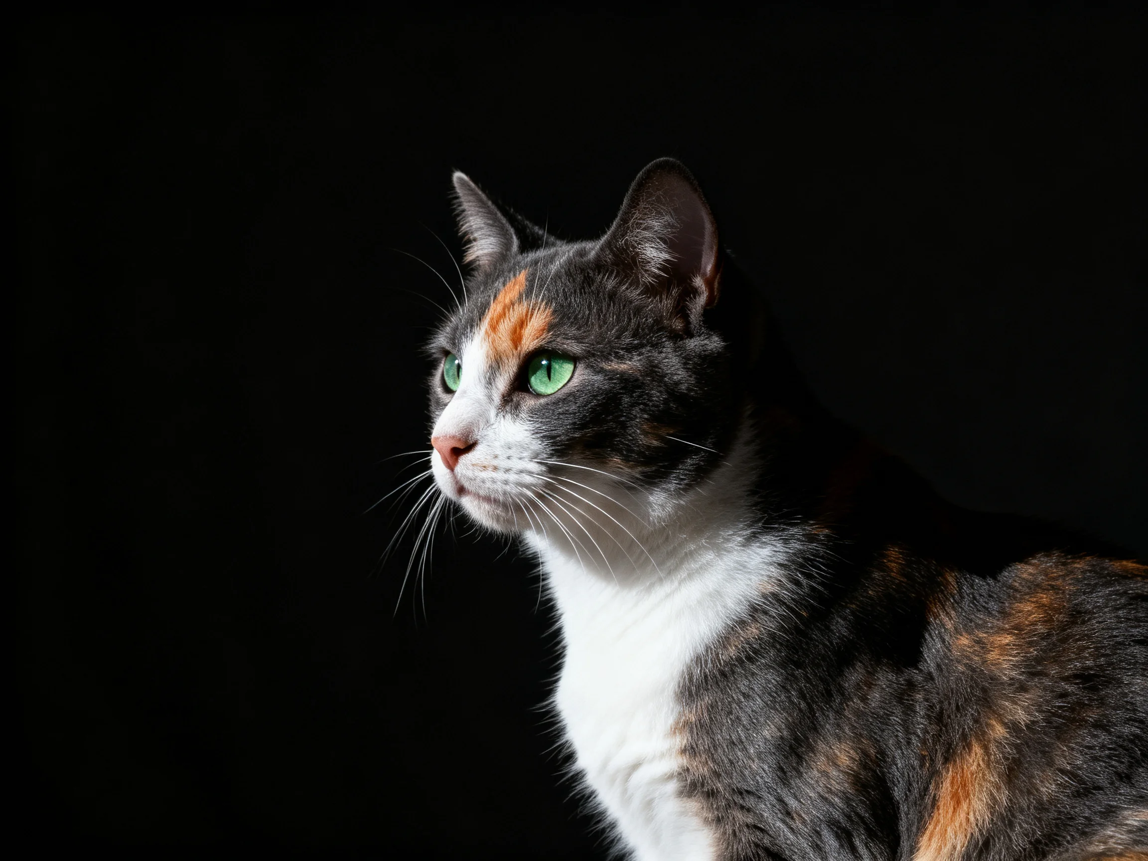 A calico cat with green eyes posed on a black backdrop