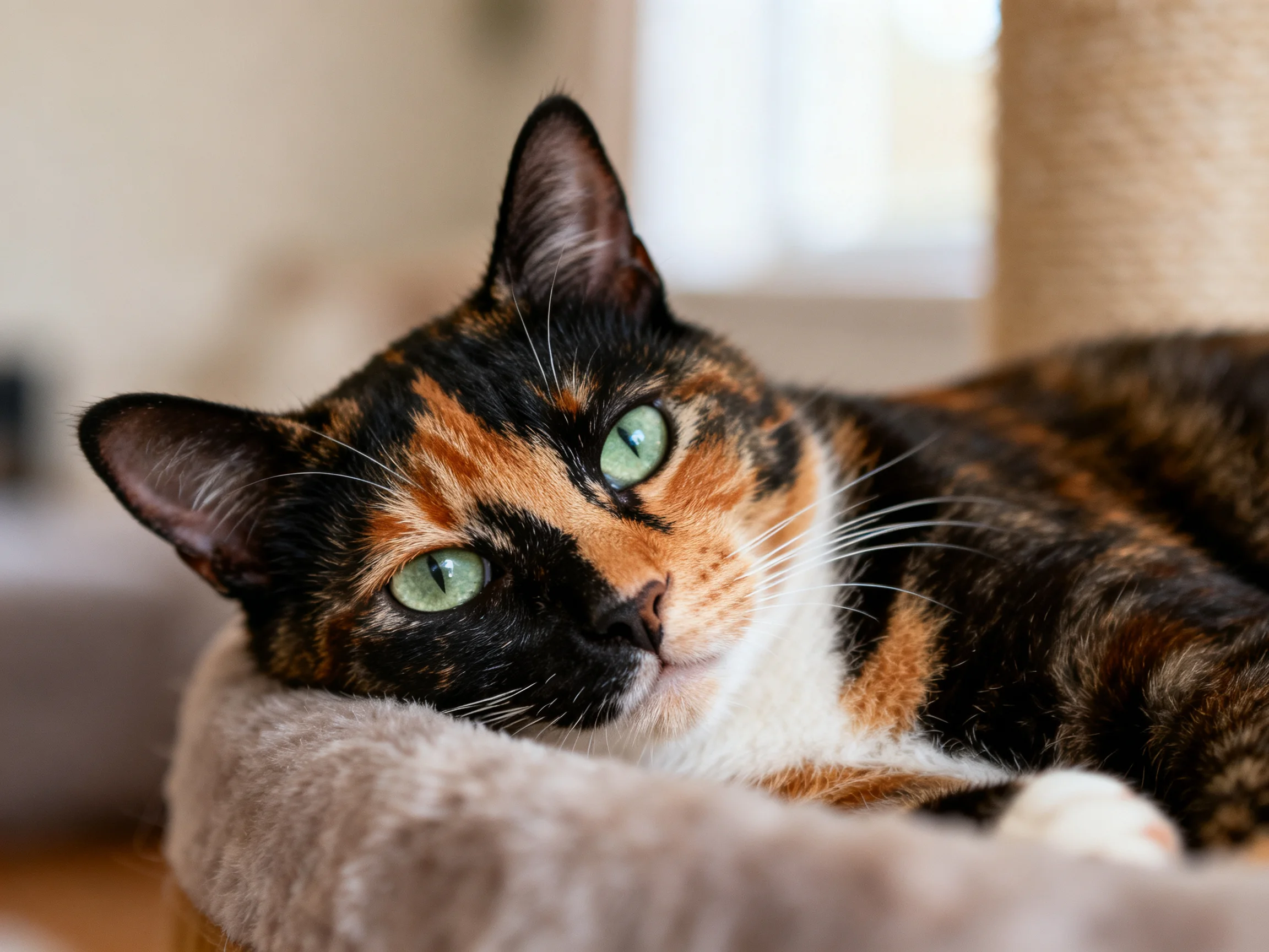 A calico cat with green eyes relaxes in a plush pet bed