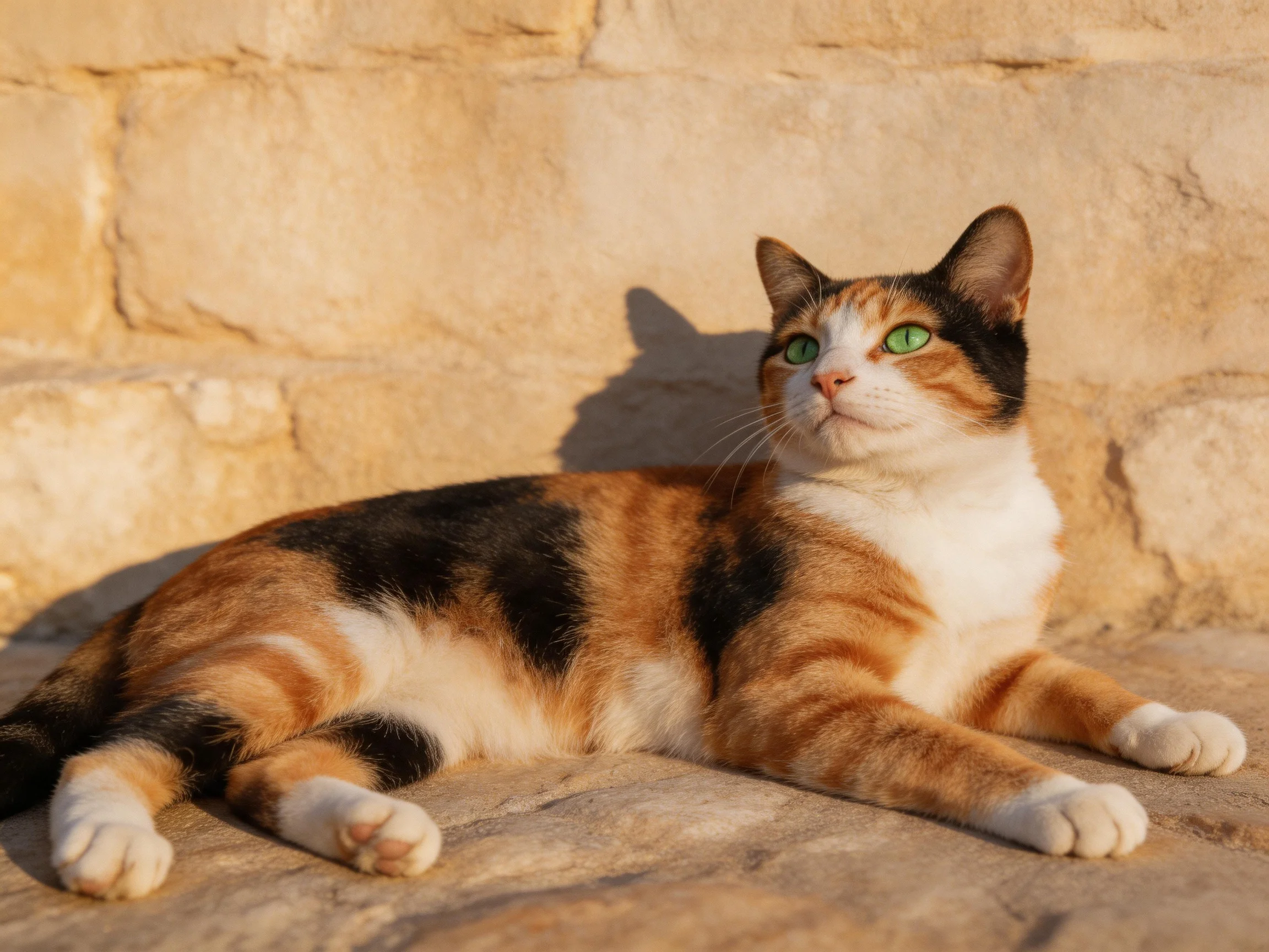 A calico cat with green eyes relaxes beside a stone wall.
