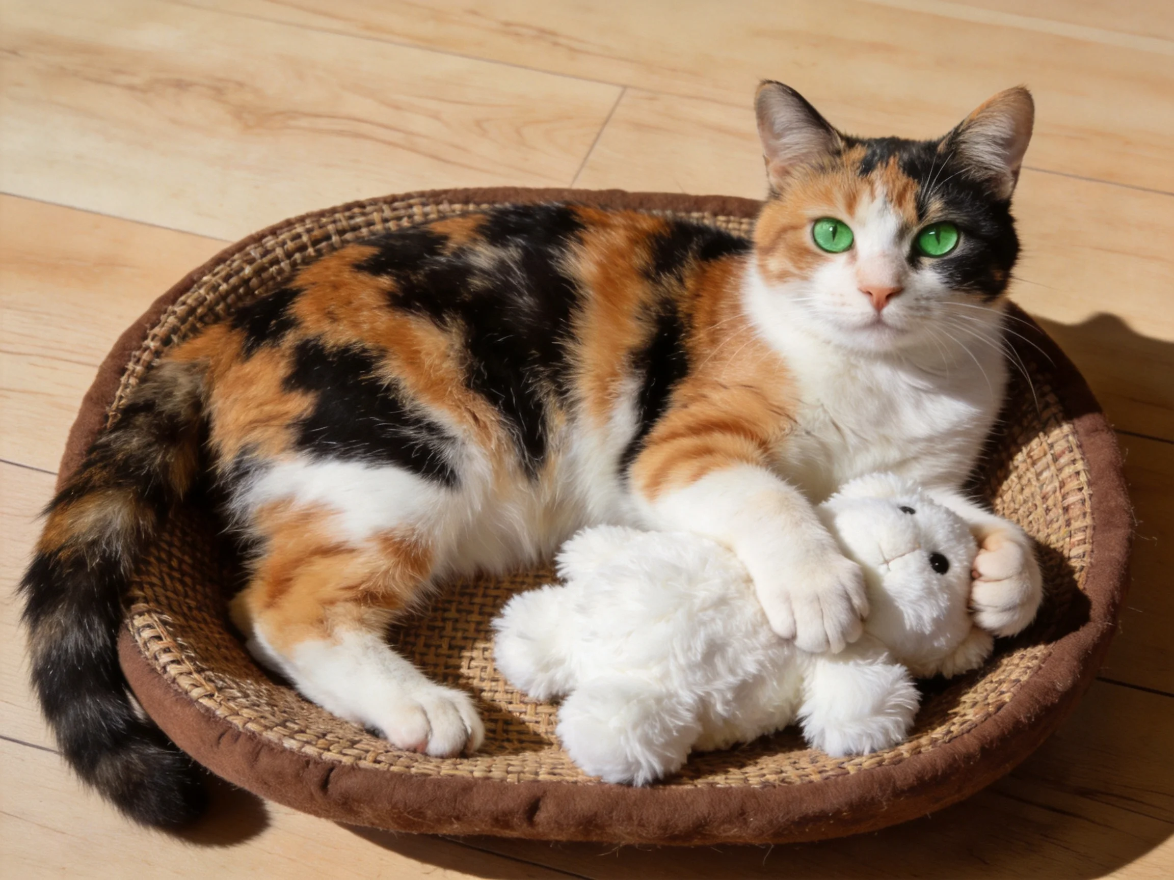 A calico cat relaxes in a wicker basket next to a white stuffed toy.