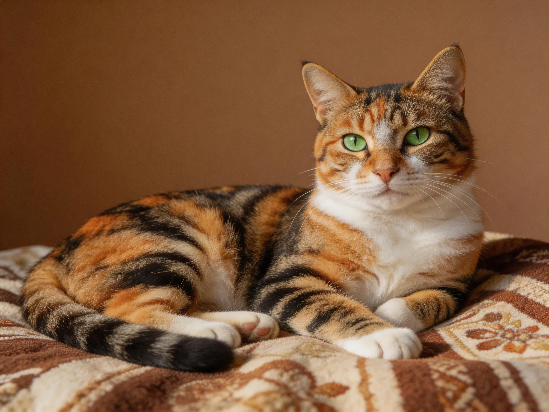 A calico cat with green eyes sits calmly on a decorative blanket.