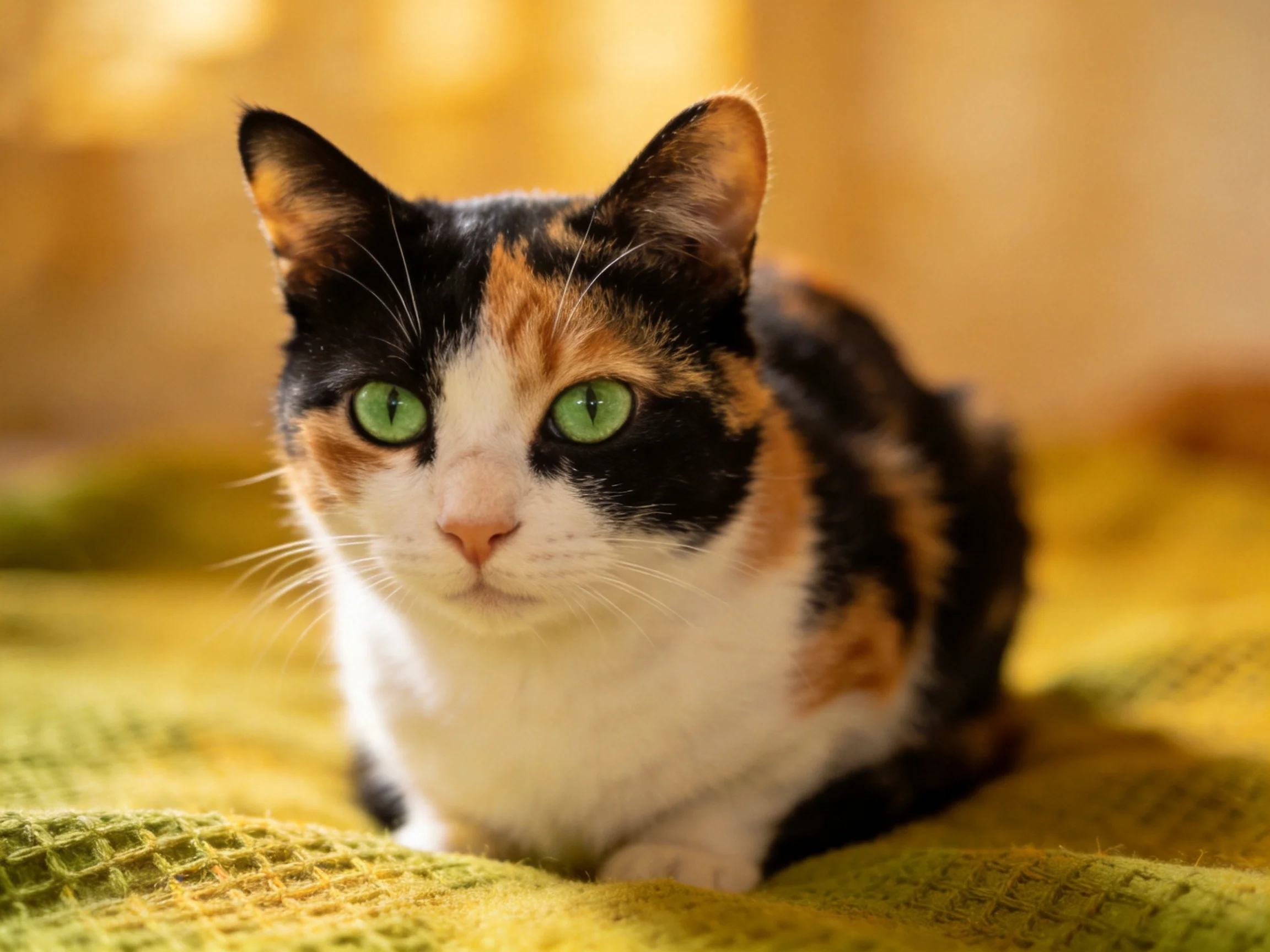 A calico cat with green eyes sits calmly on a yellow blanket.